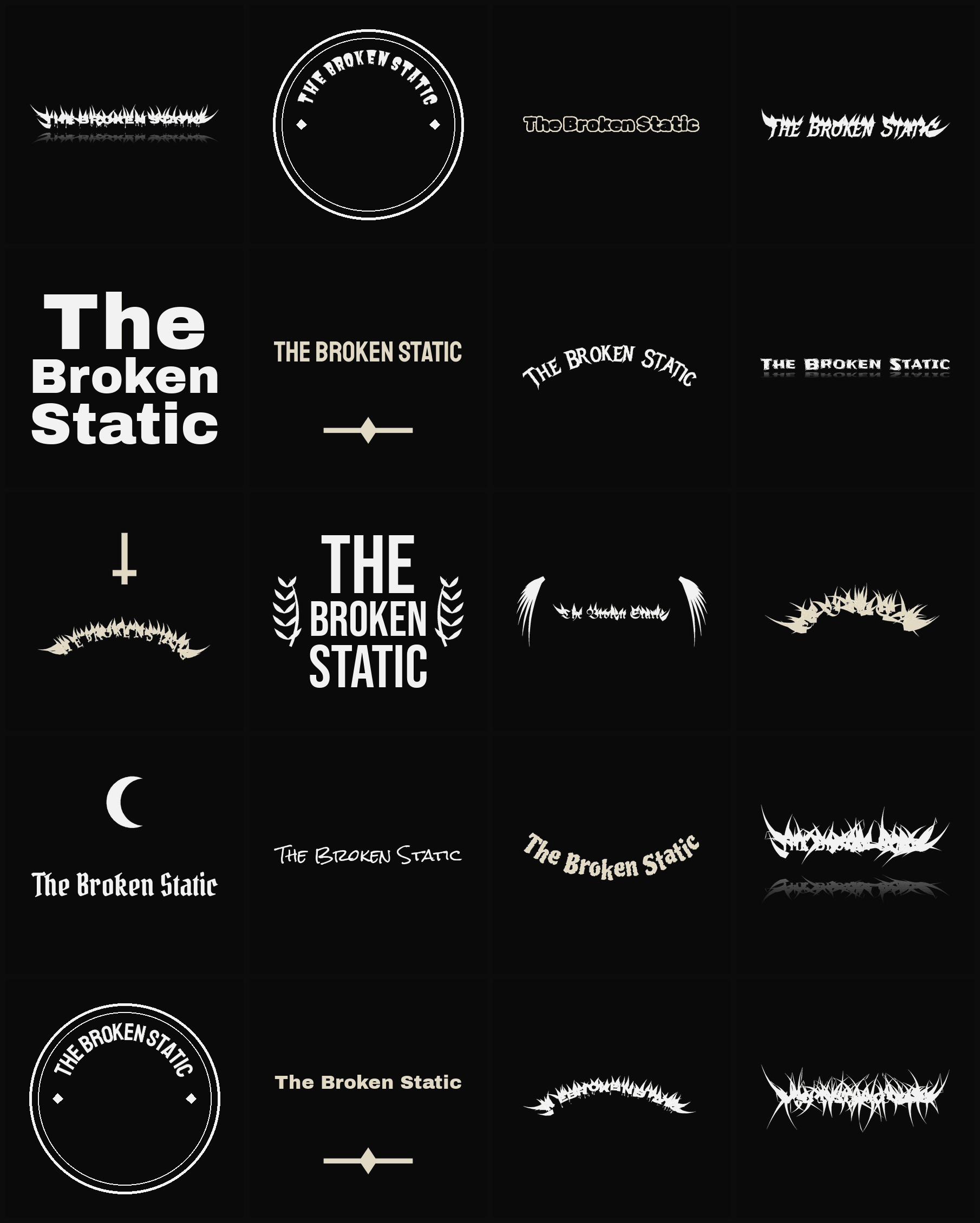 Twenty The Broken Static band logo ideas — different faces, treatments and spike settings