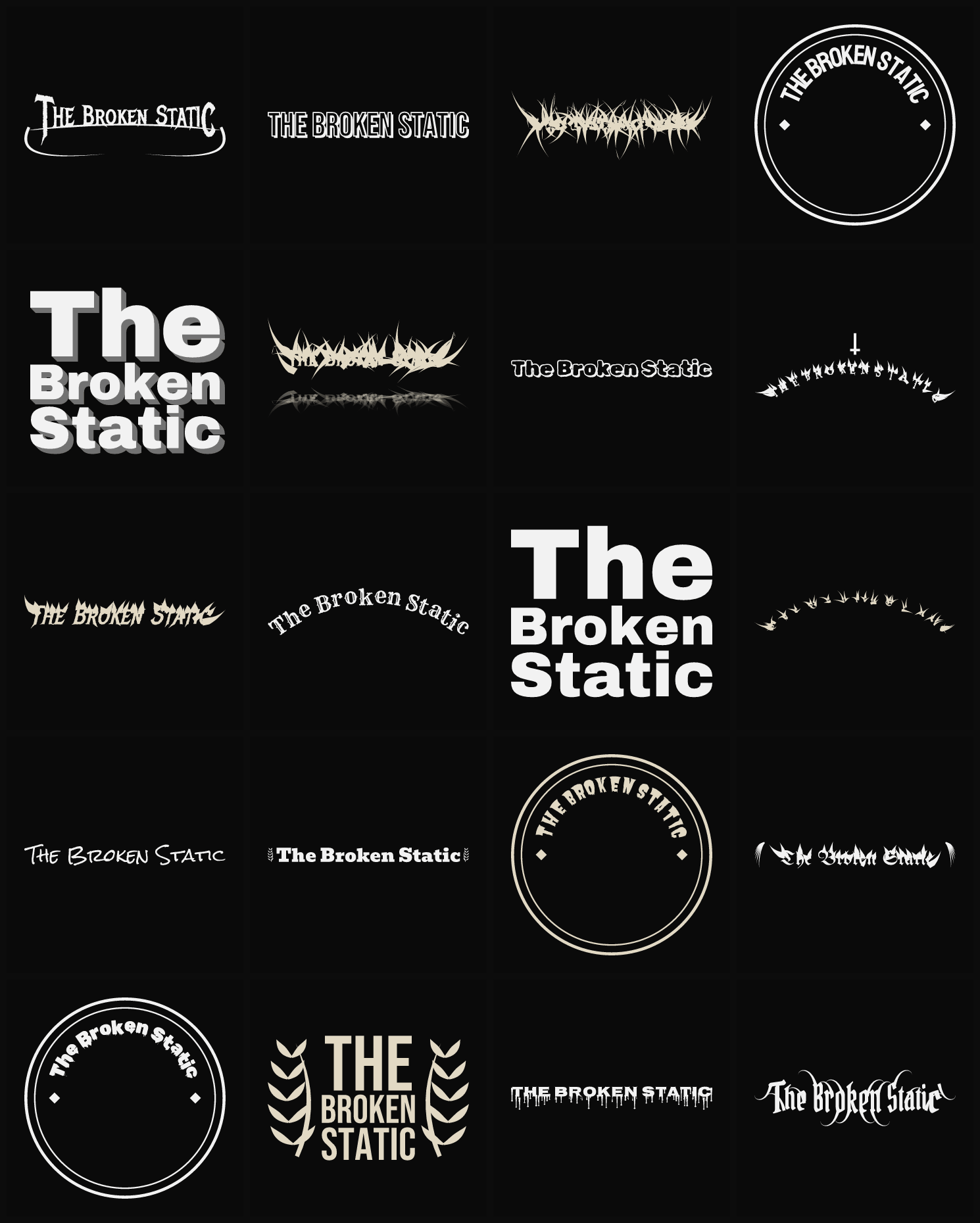 Twenty The Broken Static band logo ideas — different faces, treatments and spike settings