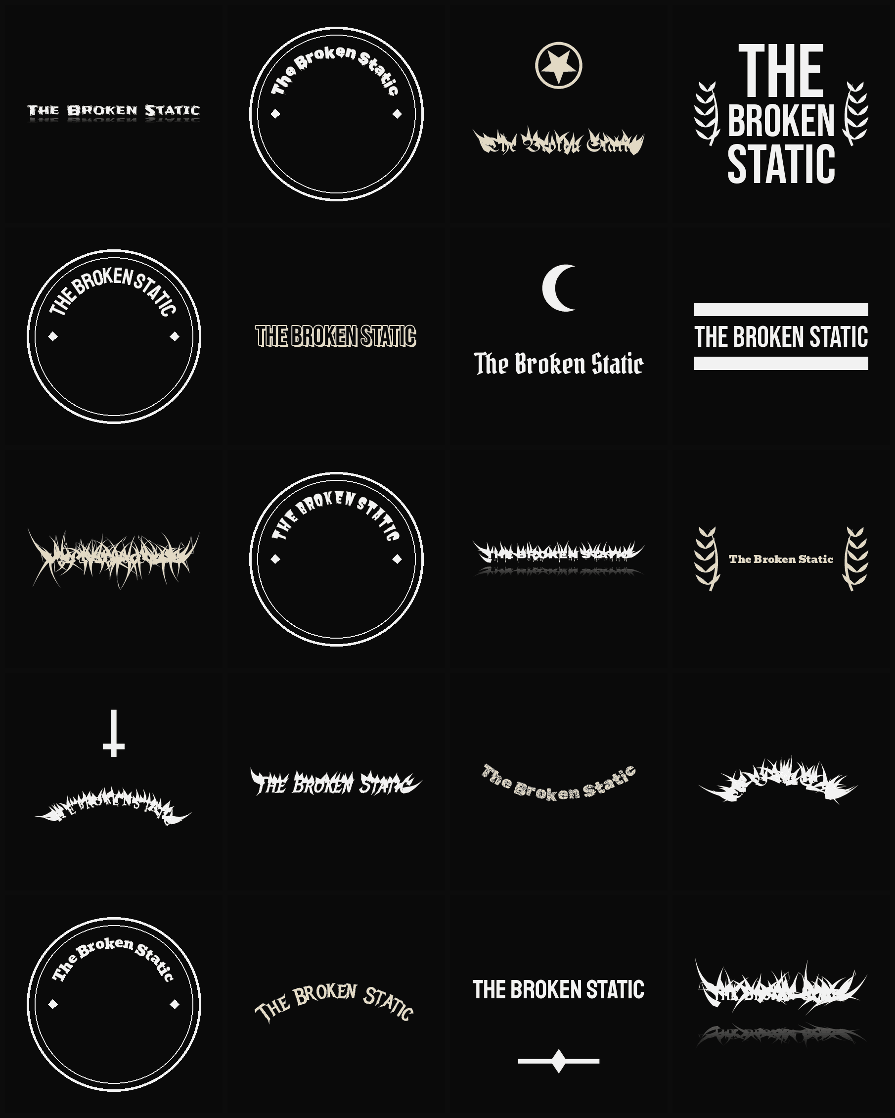 Twenty The Broken Static band logo ideas — different faces, treatments and spike settings
