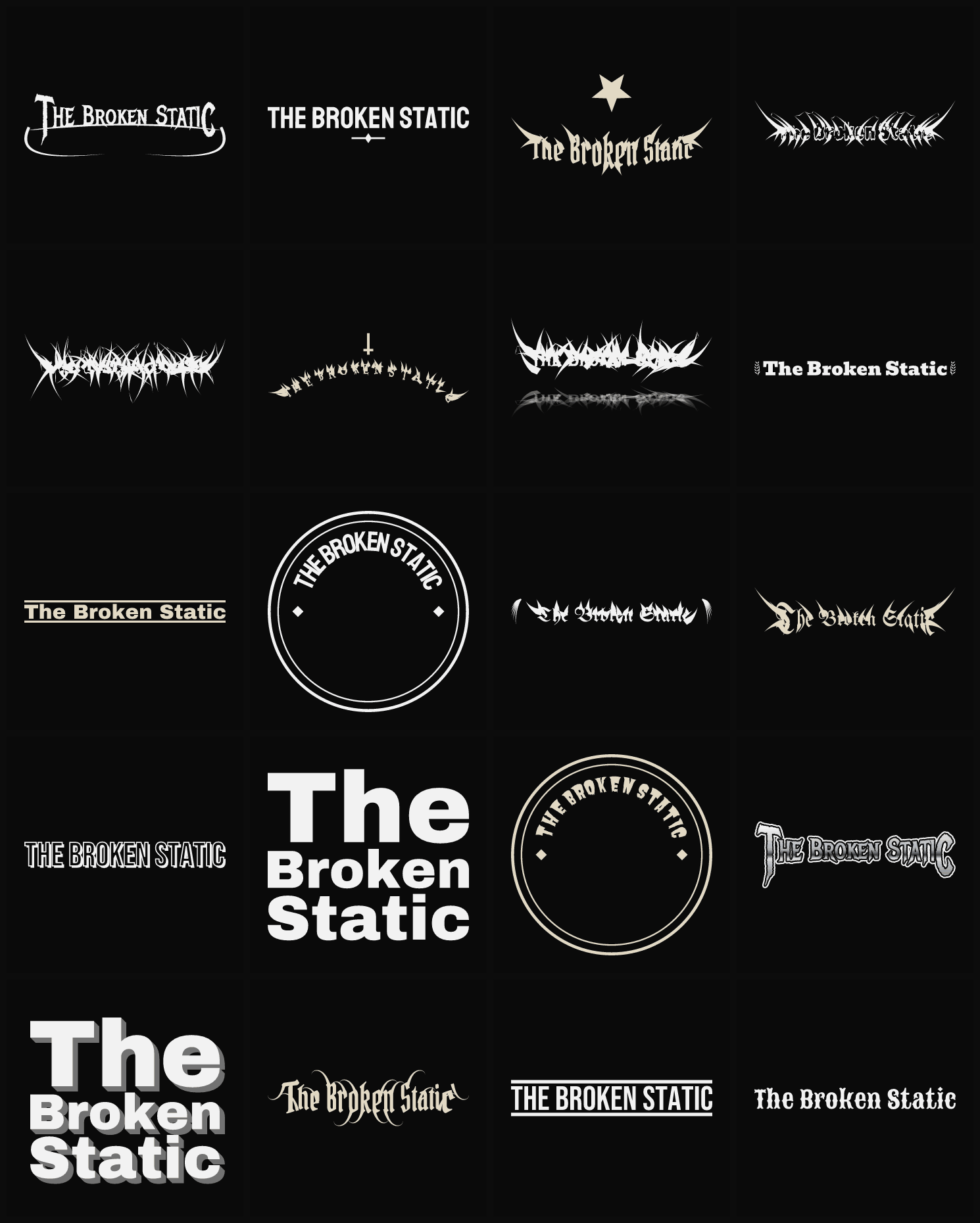 Twenty The Broken Static band logo ideas — different faces, treatments and spike settings