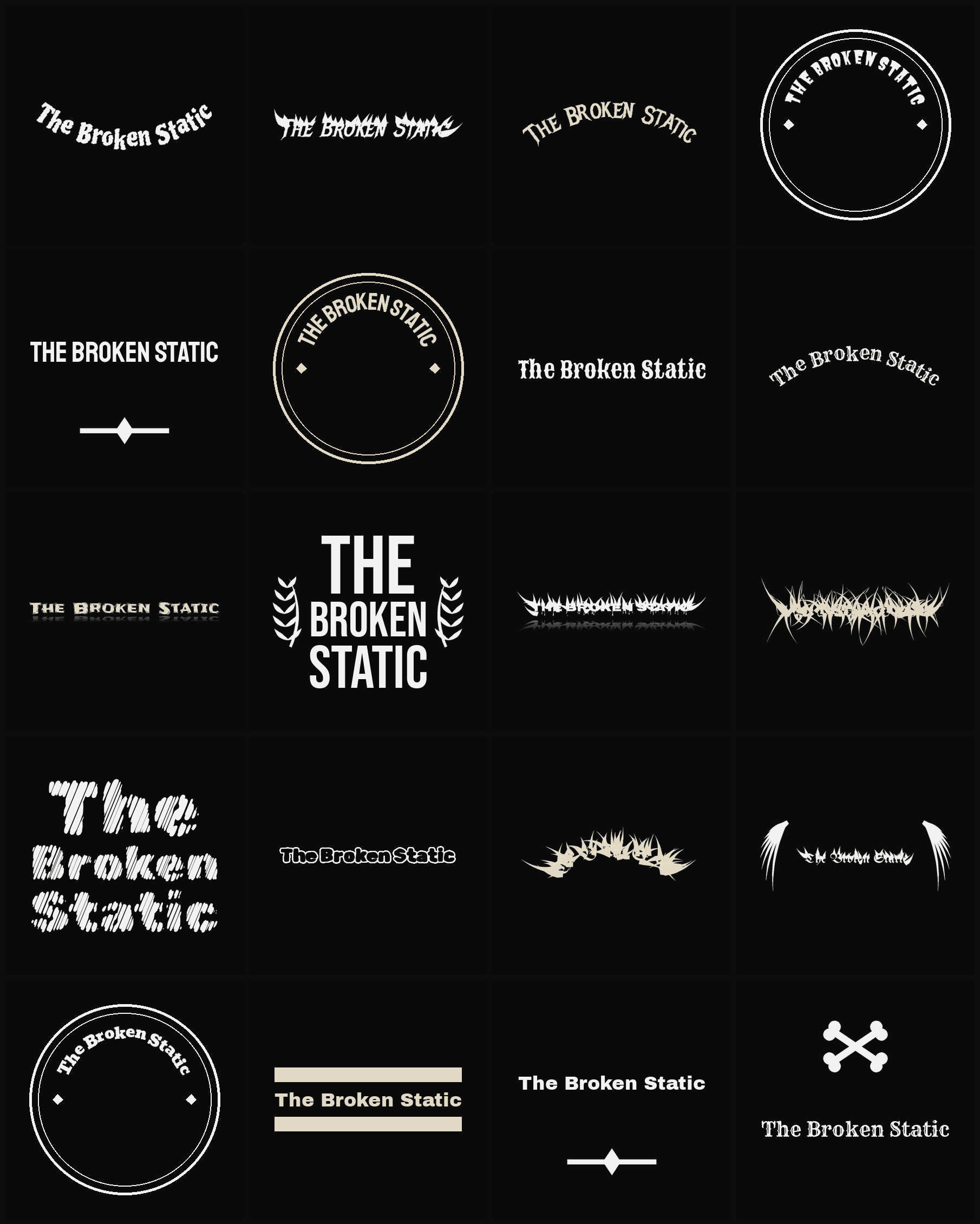 Twenty The Broken Static band logo ideas — different faces, treatments and spike settings