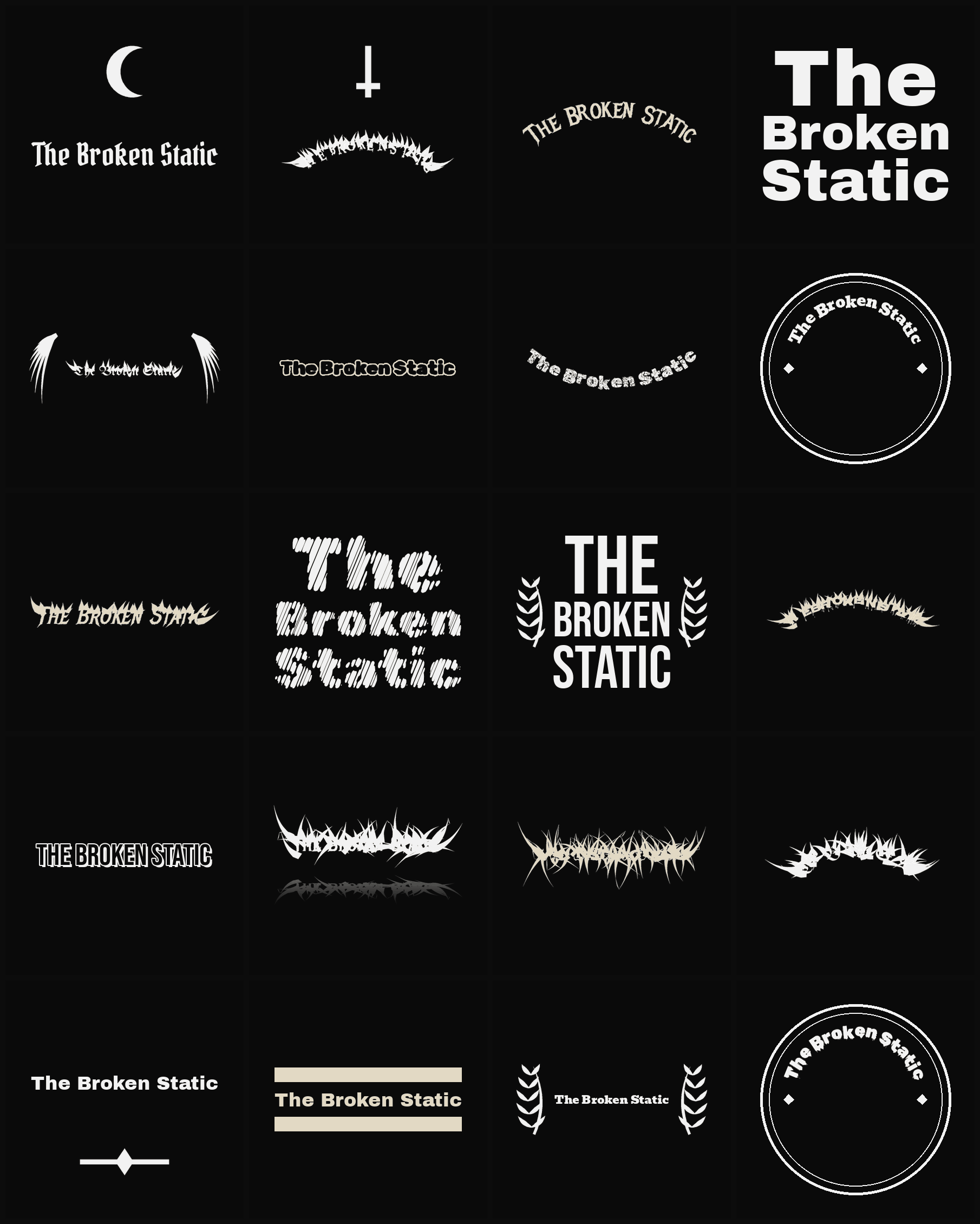 Twenty The Broken Static band logo ideas — different faces, treatments and spike settings