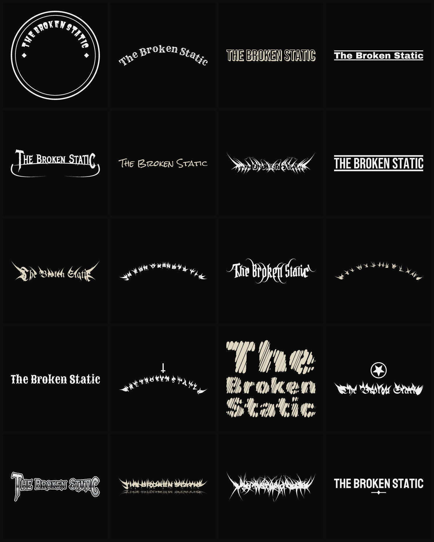 Twenty The Broken Static band logo ideas — different faces, treatments and spike settings