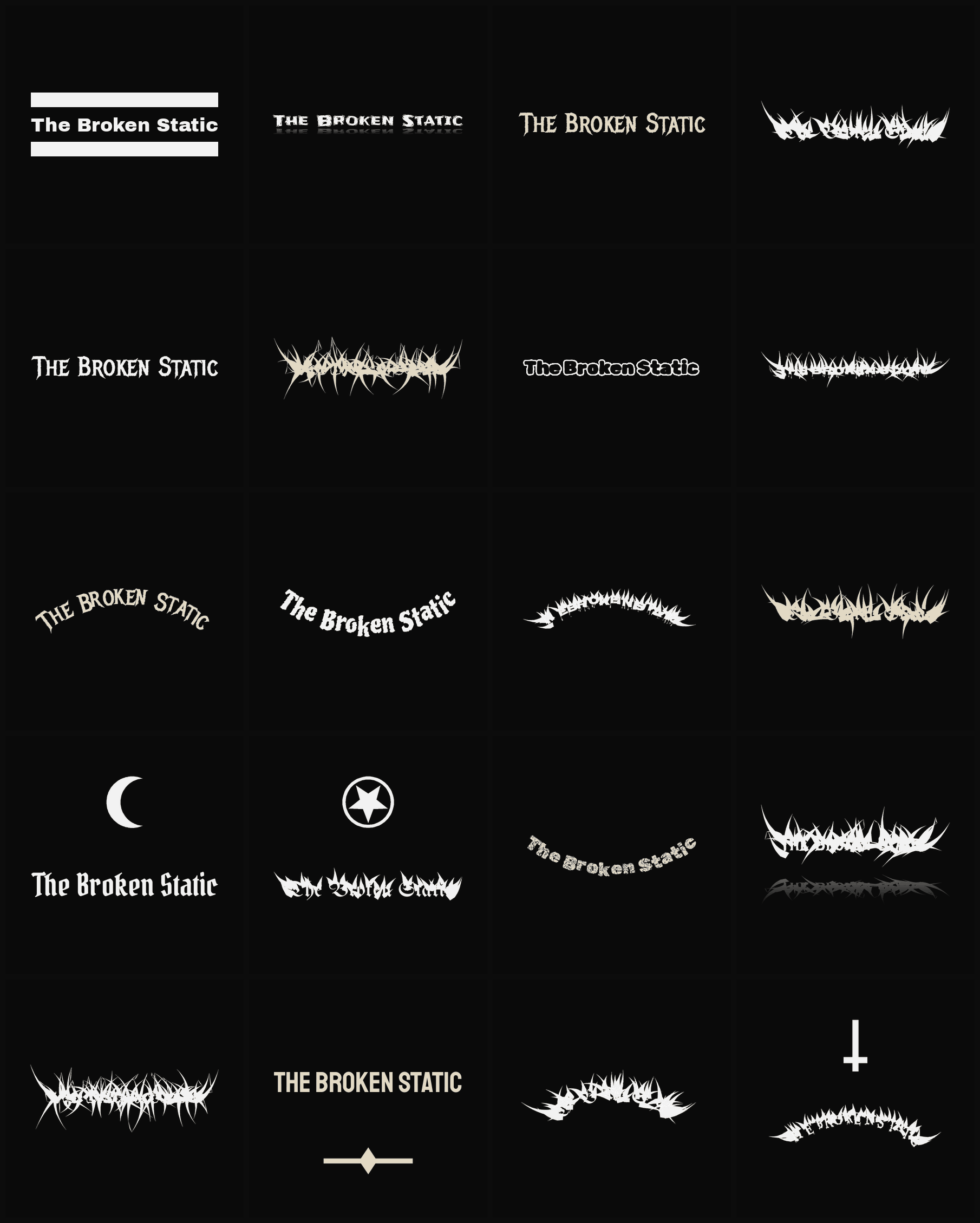 Twenty The Broken Static band logo ideas — different faces, treatments and spike settings