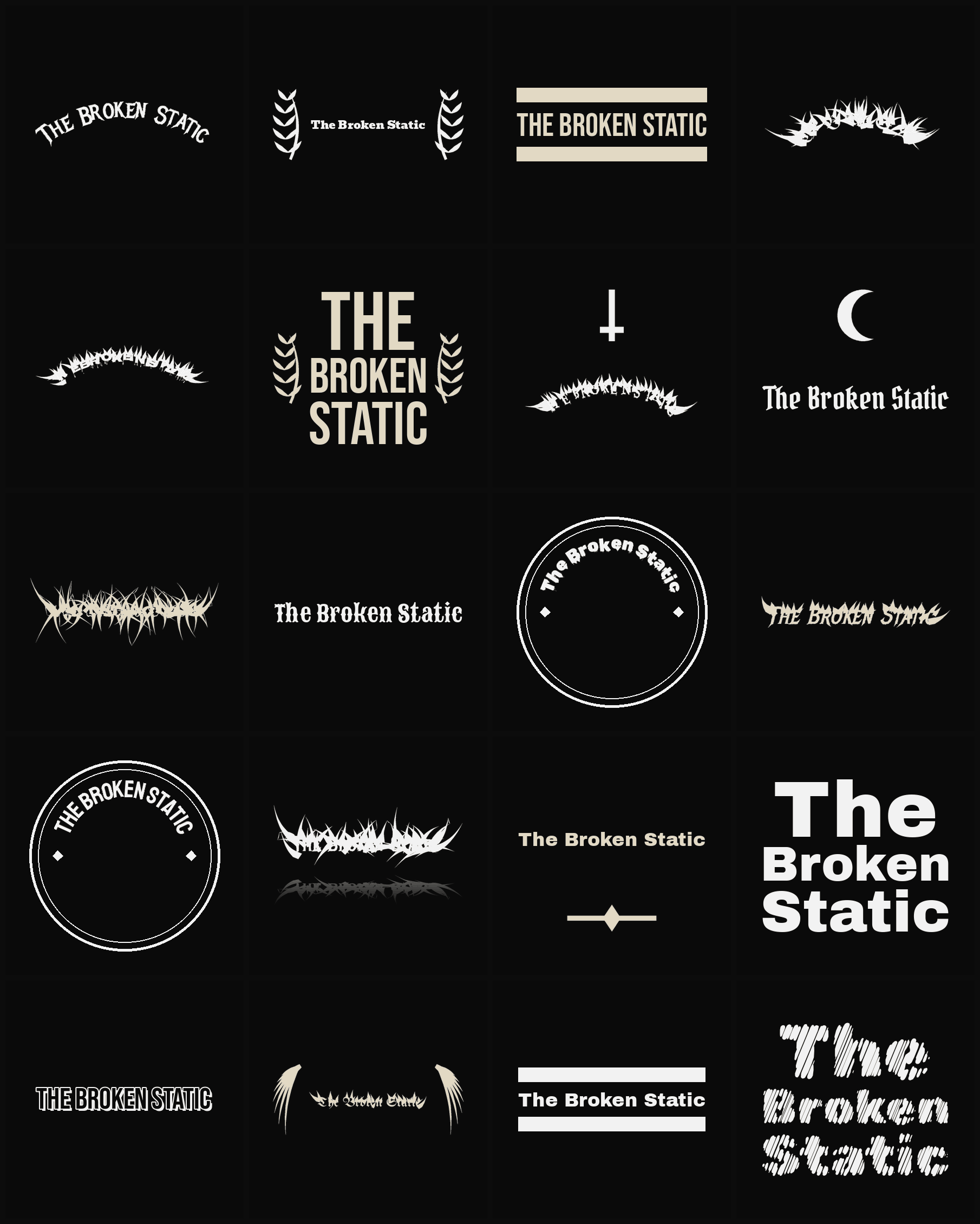Twenty The Broken Static band logo ideas — different faces, treatments and spike settings