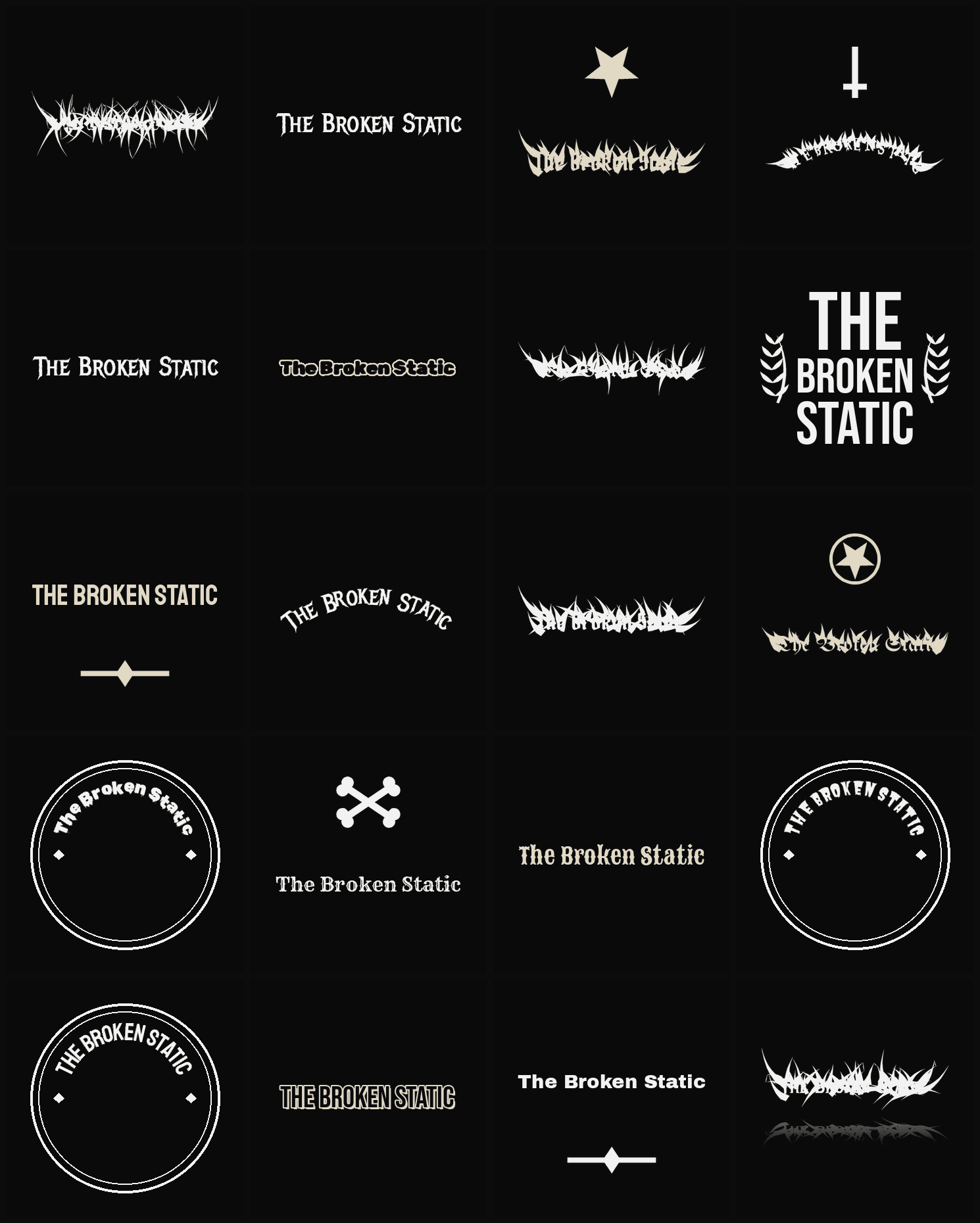 Twenty The Broken Static band logo ideas — different faces, treatments and spike settings