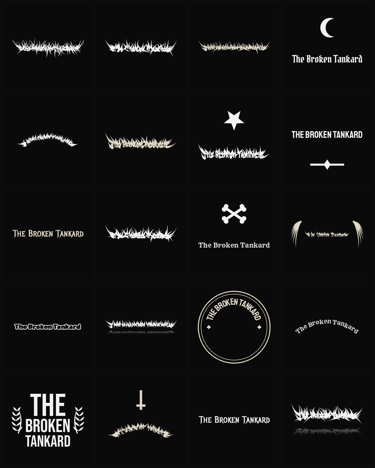 Twenty The Broken Tankard band logo ideas — different faces, treatments and spike settings
