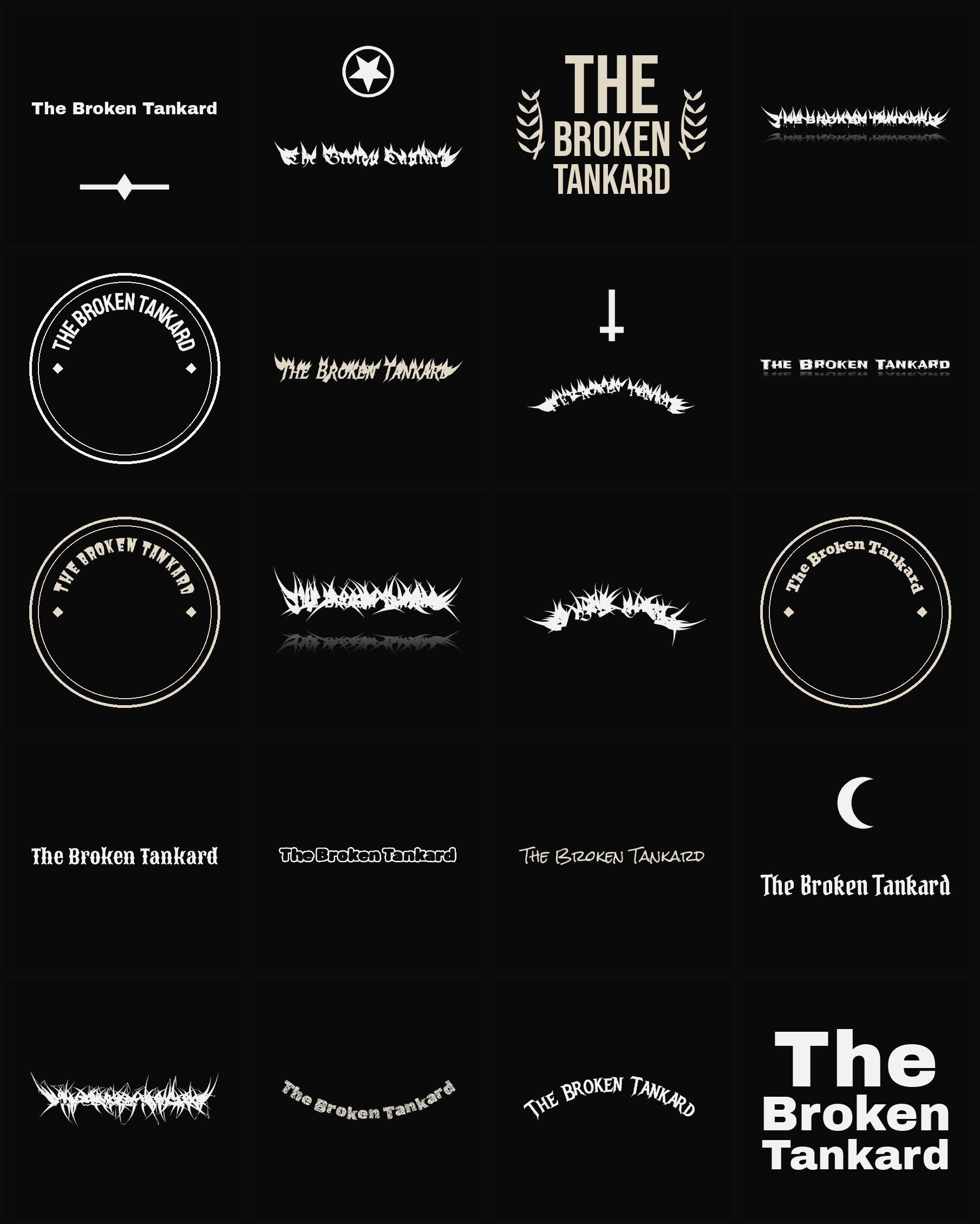 Twenty The Broken Tankard band logo ideas — different faces, treatments and spike settings