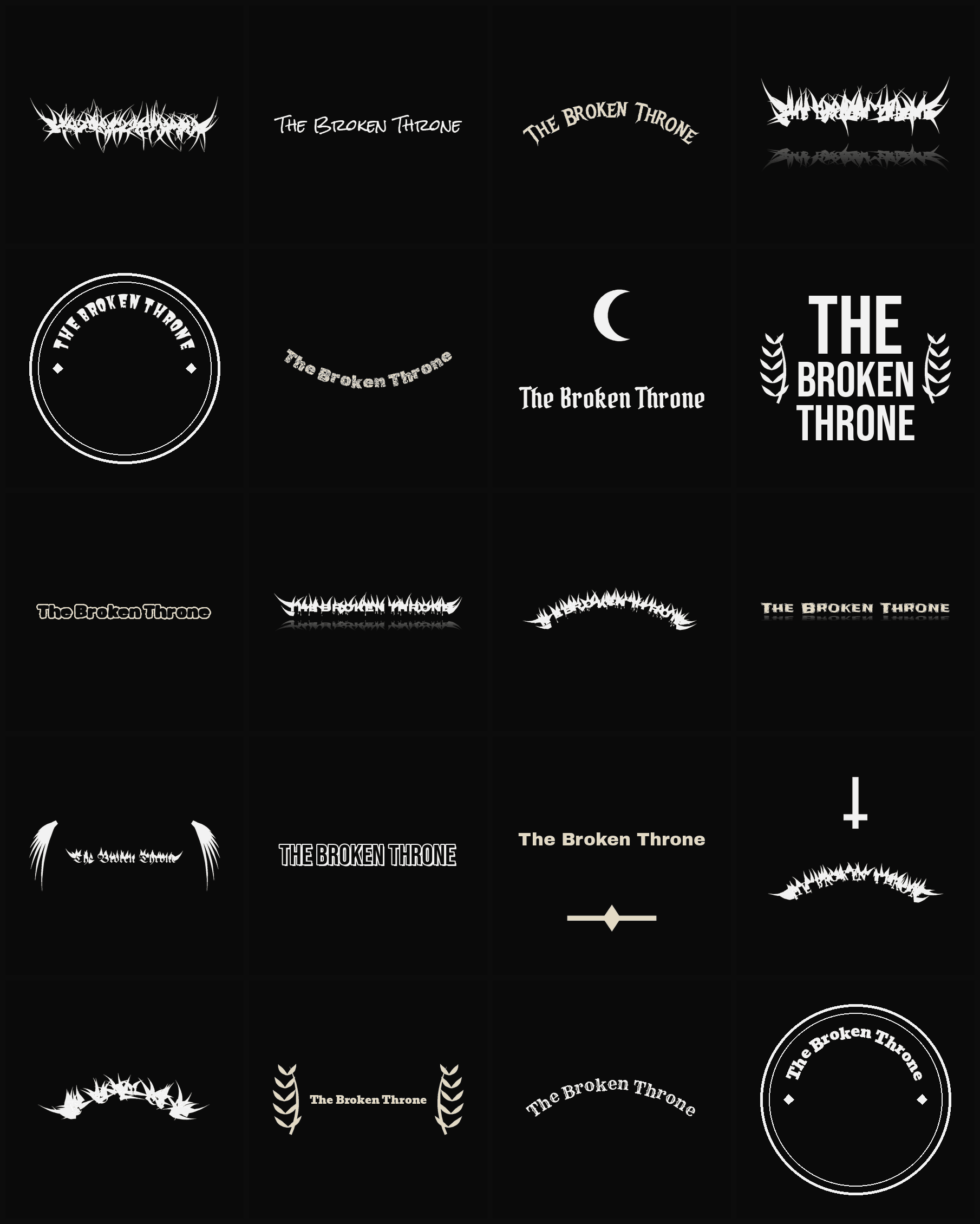 Twenty The Broken Throne band logo ideas — different faces, treatments and spike settings
