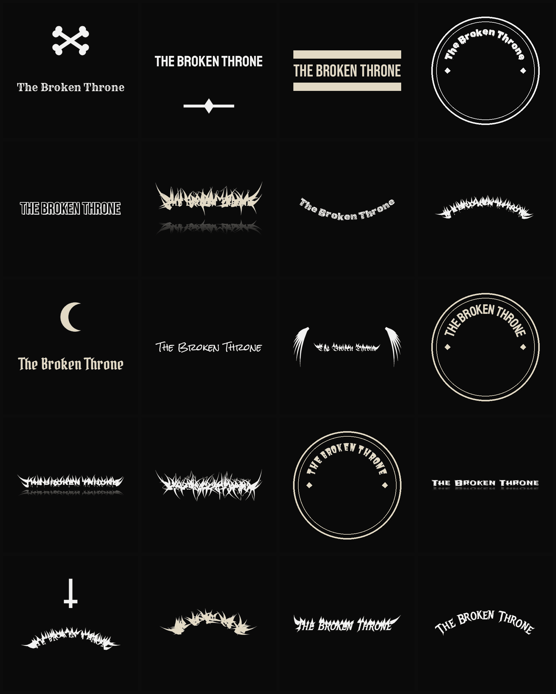 Twenty The Broken Throne band logo ideas — different faces, treatments and spike settings
