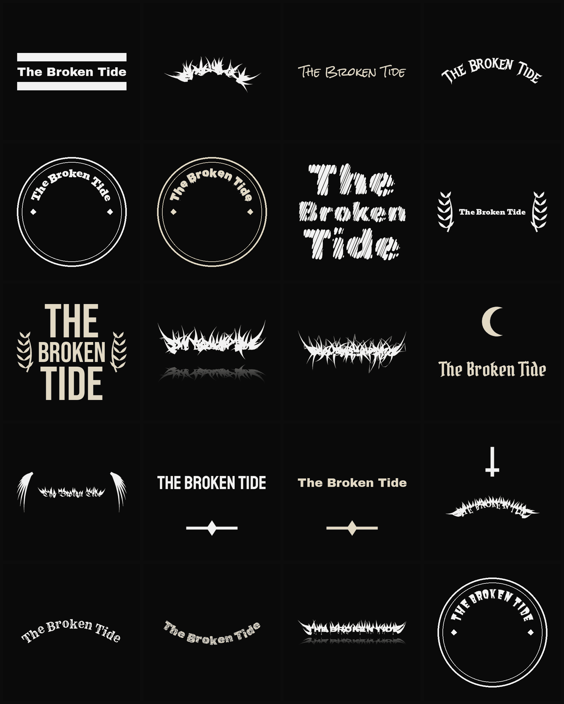 Twenty The Broken Tide band logo ideas — different faces, treatments and spike settings