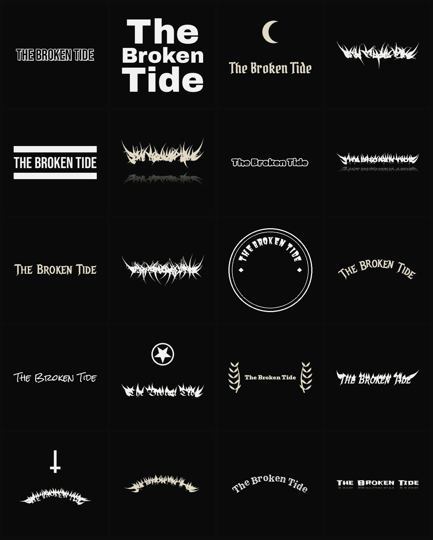 Twenty The Broken Tide band logo ideas — different faces, treatments and spike settings