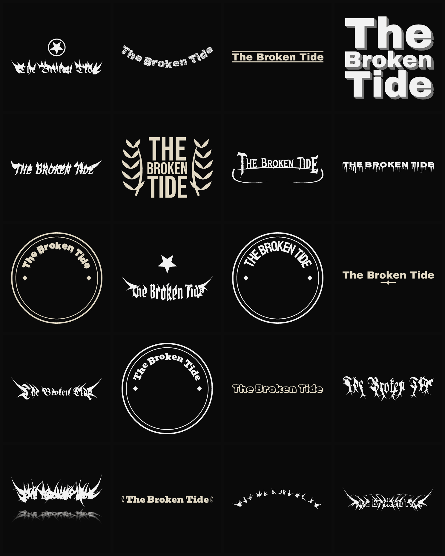 Twenty The Broken Tide band logo ideas — different faces, treatments and spike settings