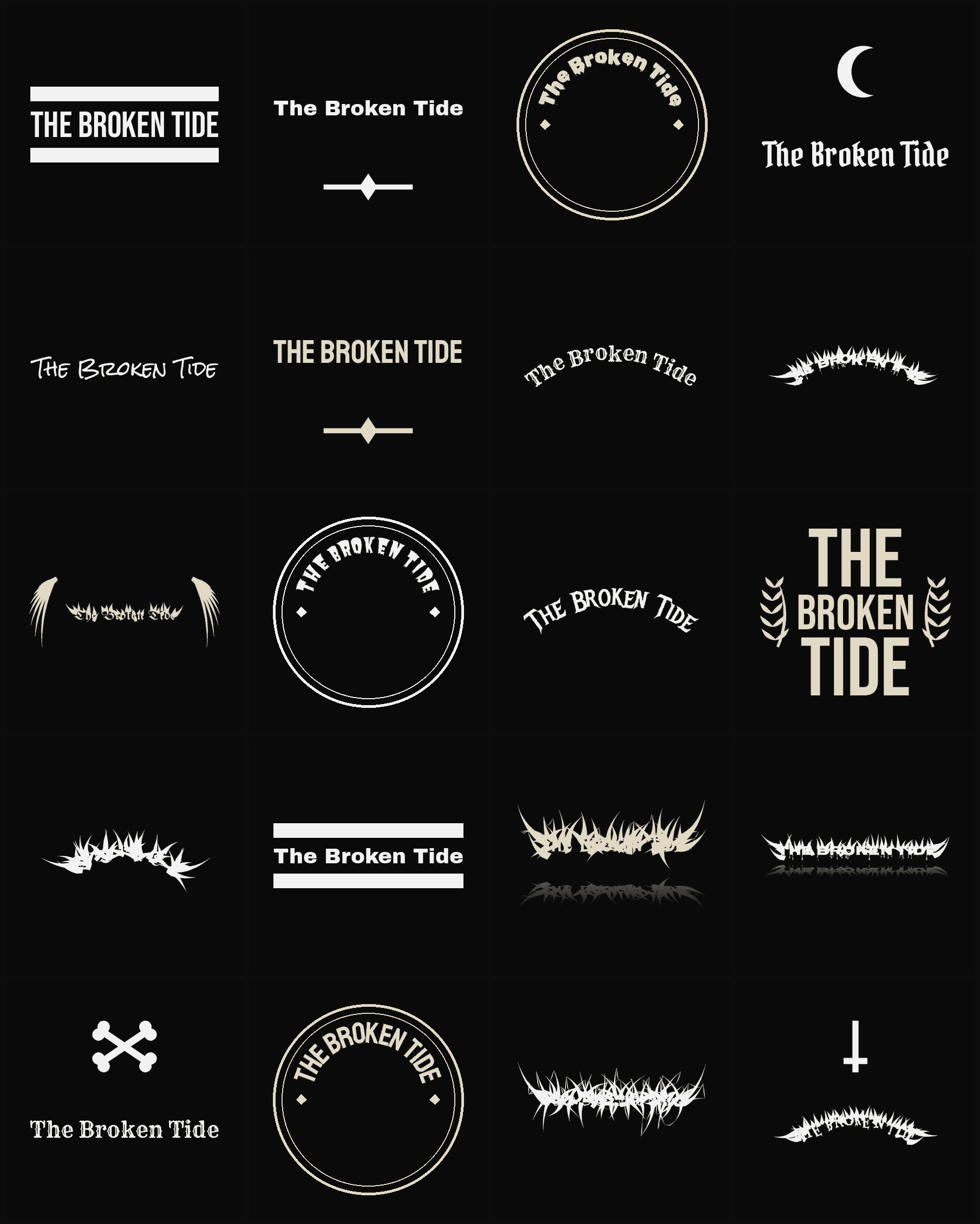 Twenty The Broken Tide band logo ideas — different faces, treatments and spike settings