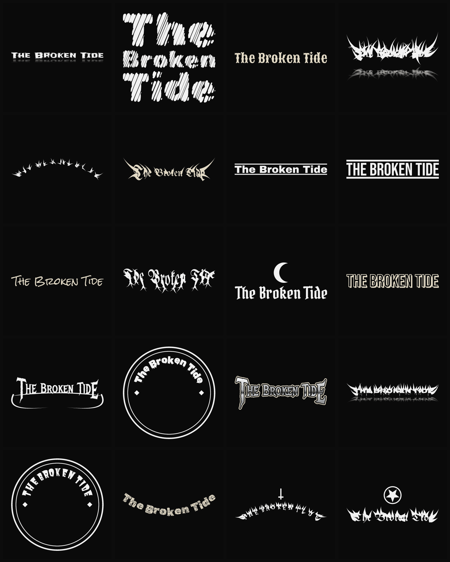 Twenty The Broken Tide band logo ideas — different faces, treatments and spike settings