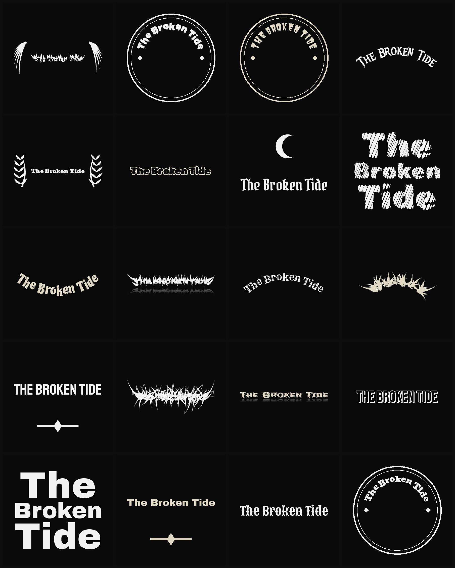 Twenty The Broken Tide band logo ideas — different faces, treatments and spike settings