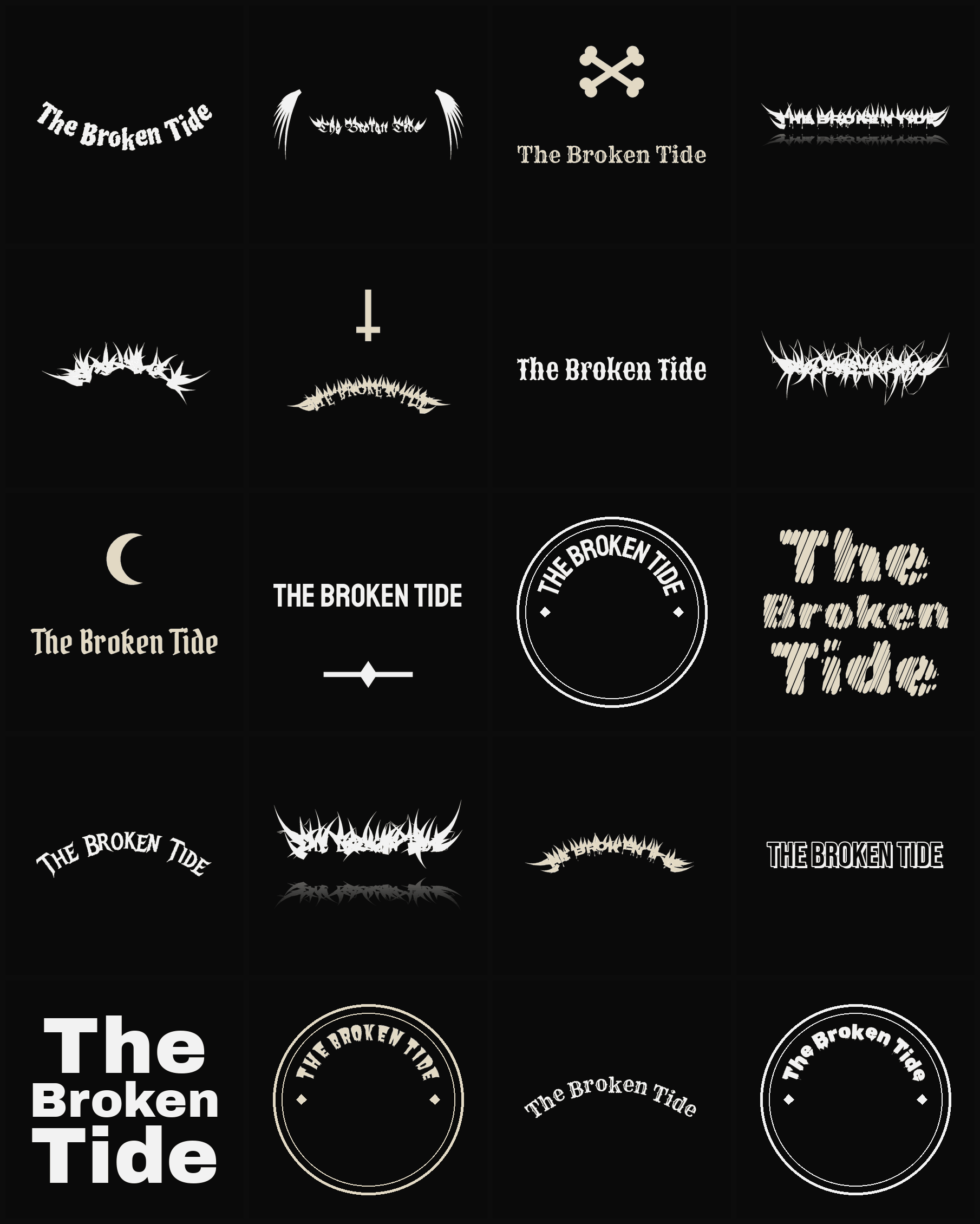 Twenty The Broken Tide band logo ideas — different faces, treatments and spike settings