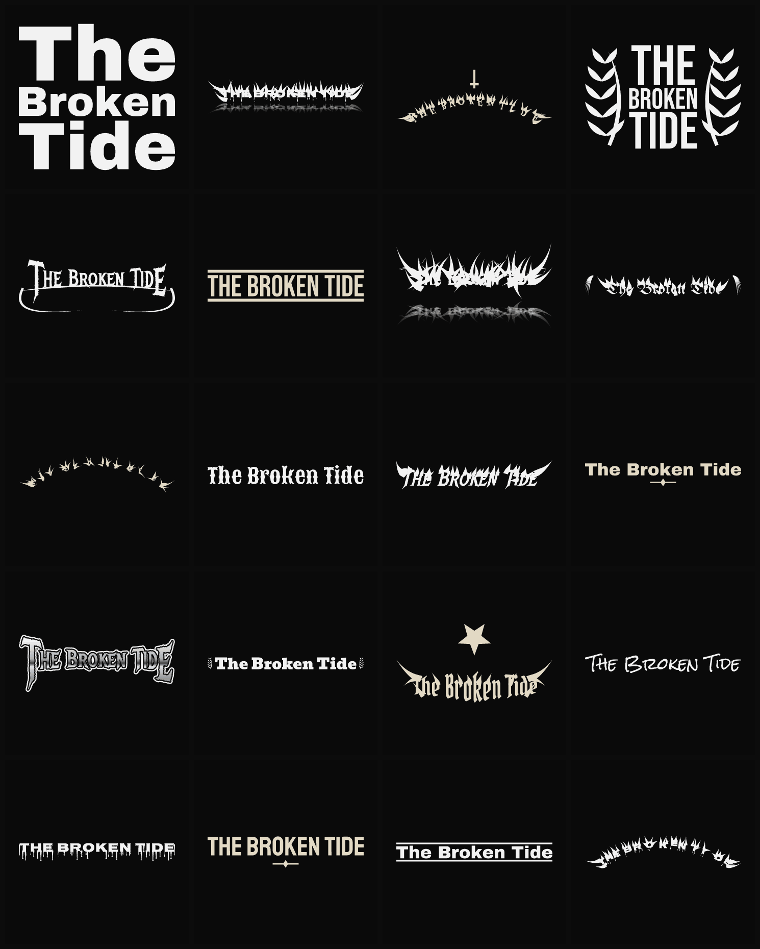 Twenty The Broken Tide band logo ideas — different faces, treatments and spike settings