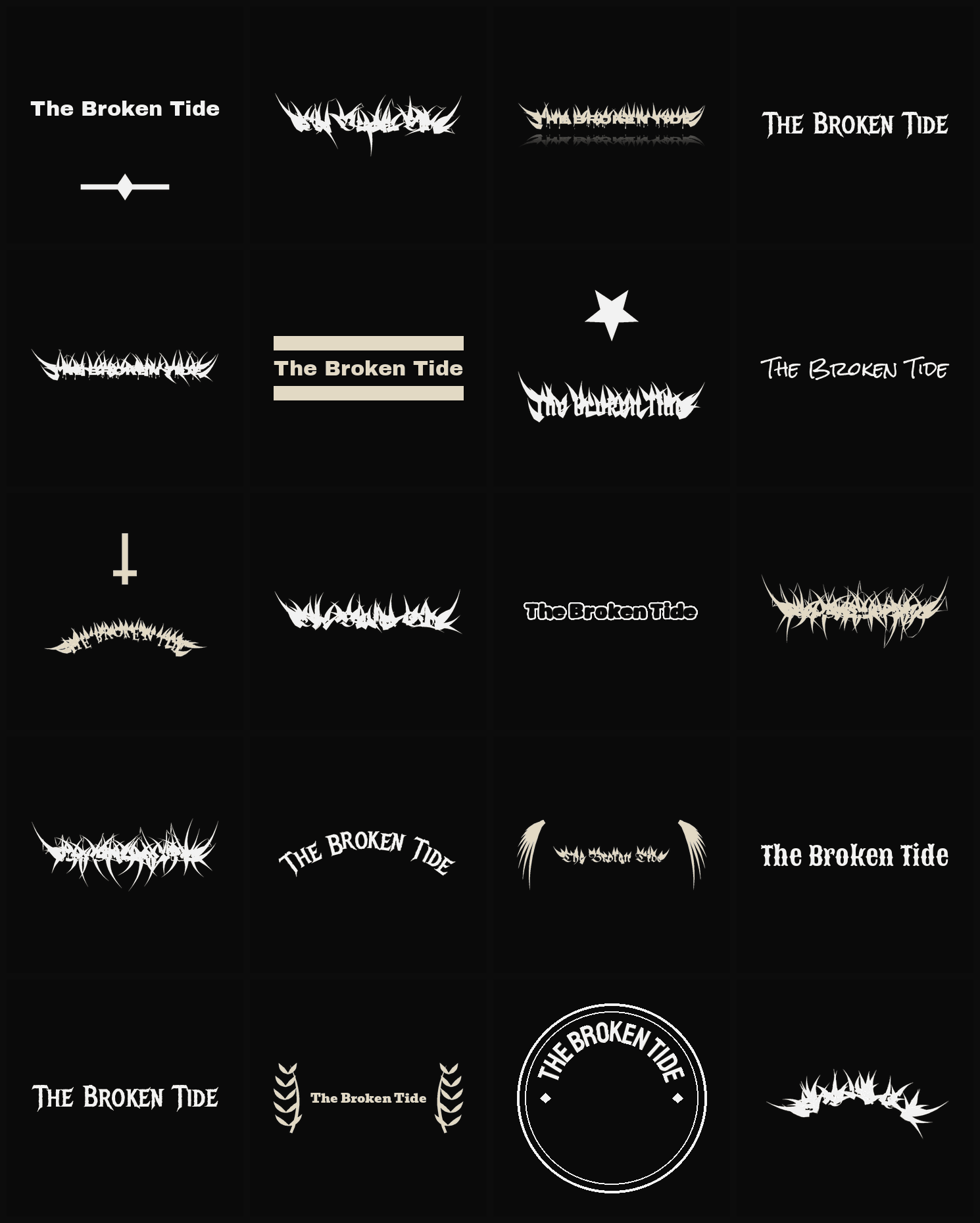 Twenty The Broken Tide band logo ideas — different faces, treatments and spike settings