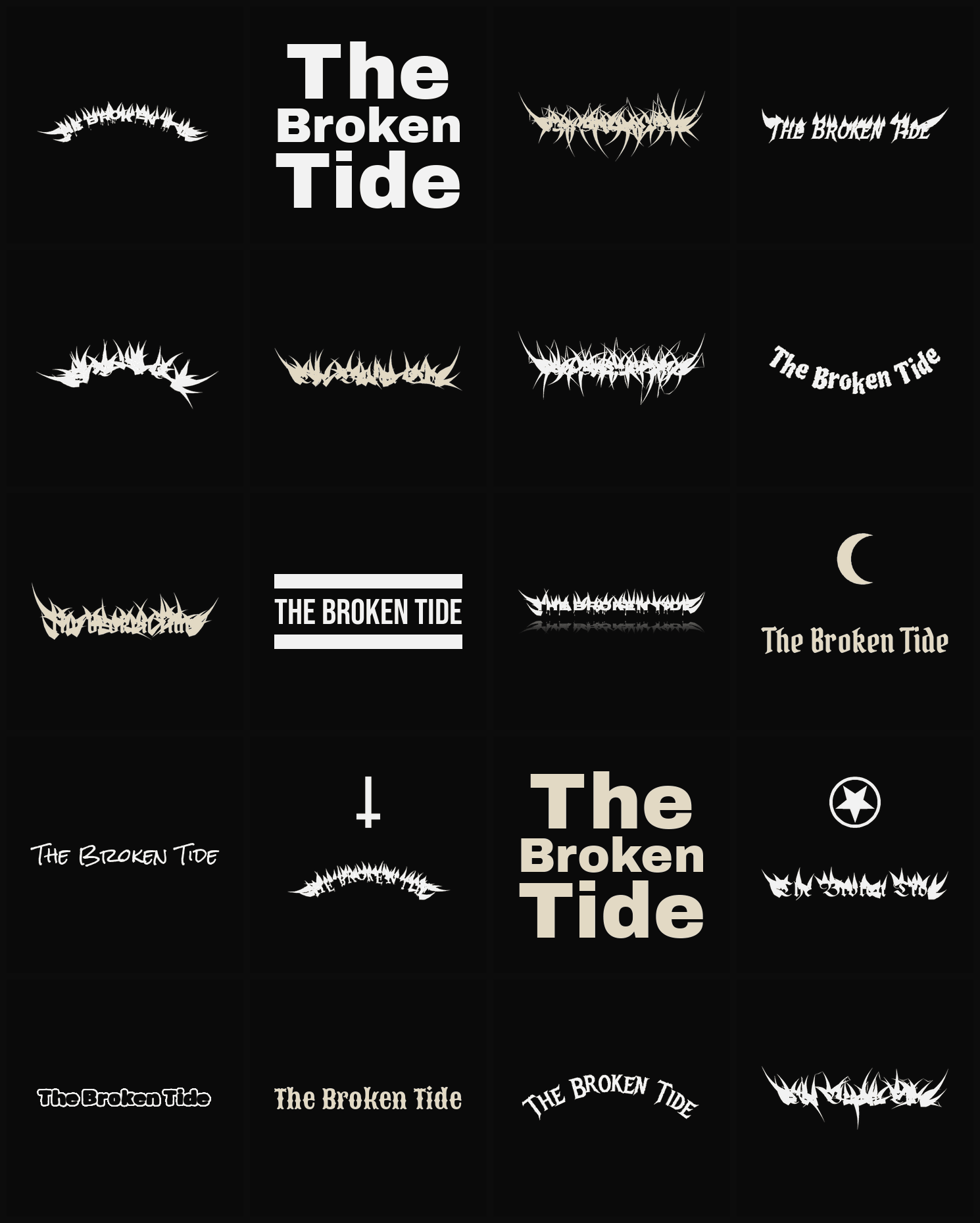 Twenty The Broken Tide band logo ideas — different faces, treatments and spike settings
