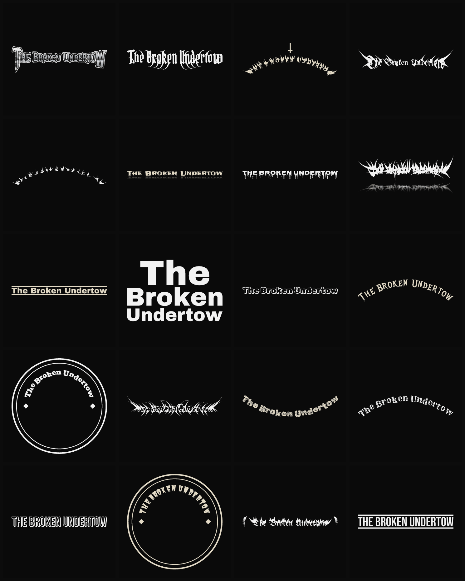 Twenty The Broken Undertow band logo ideas — different faces, treatments and spike settings