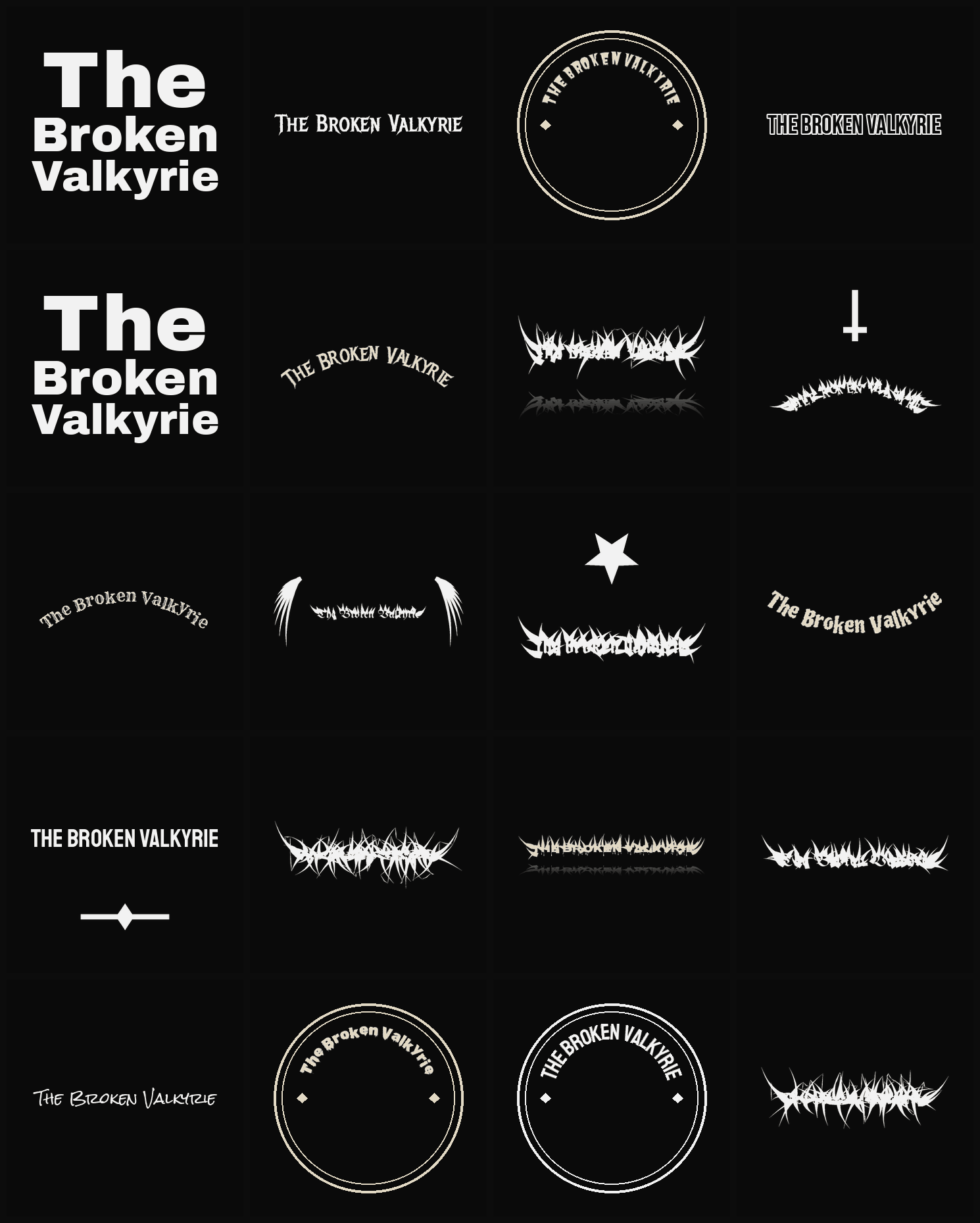 Twenty The Broken Valkyrie band logo ideas — different faces, treatments and spike settings