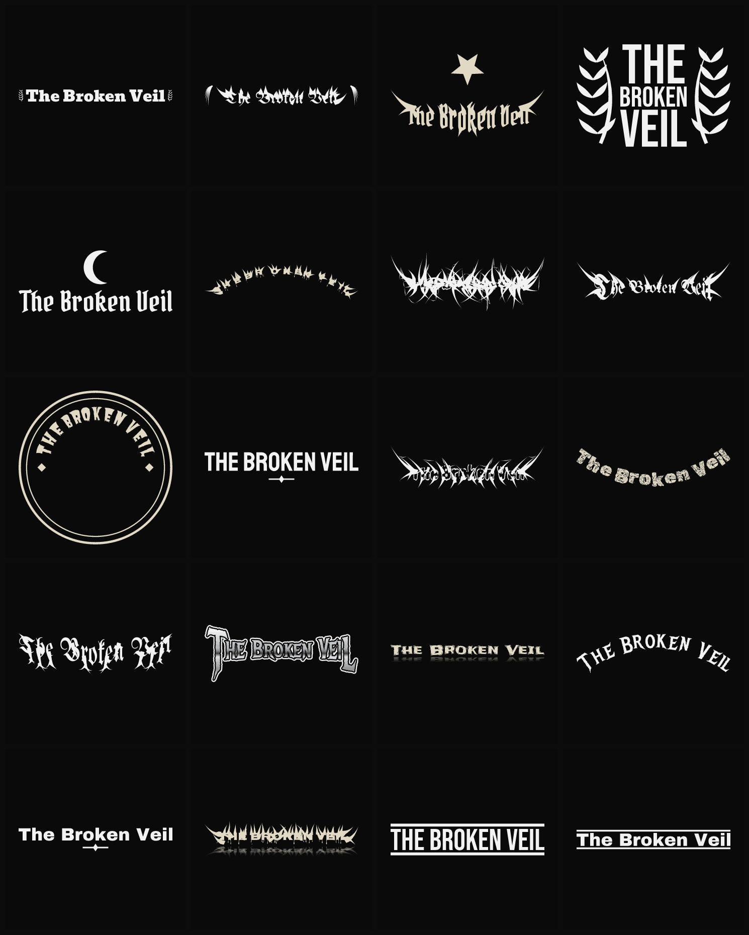 Twenty The Broken Veil band logo ideas — different faces, treatments and spike settings