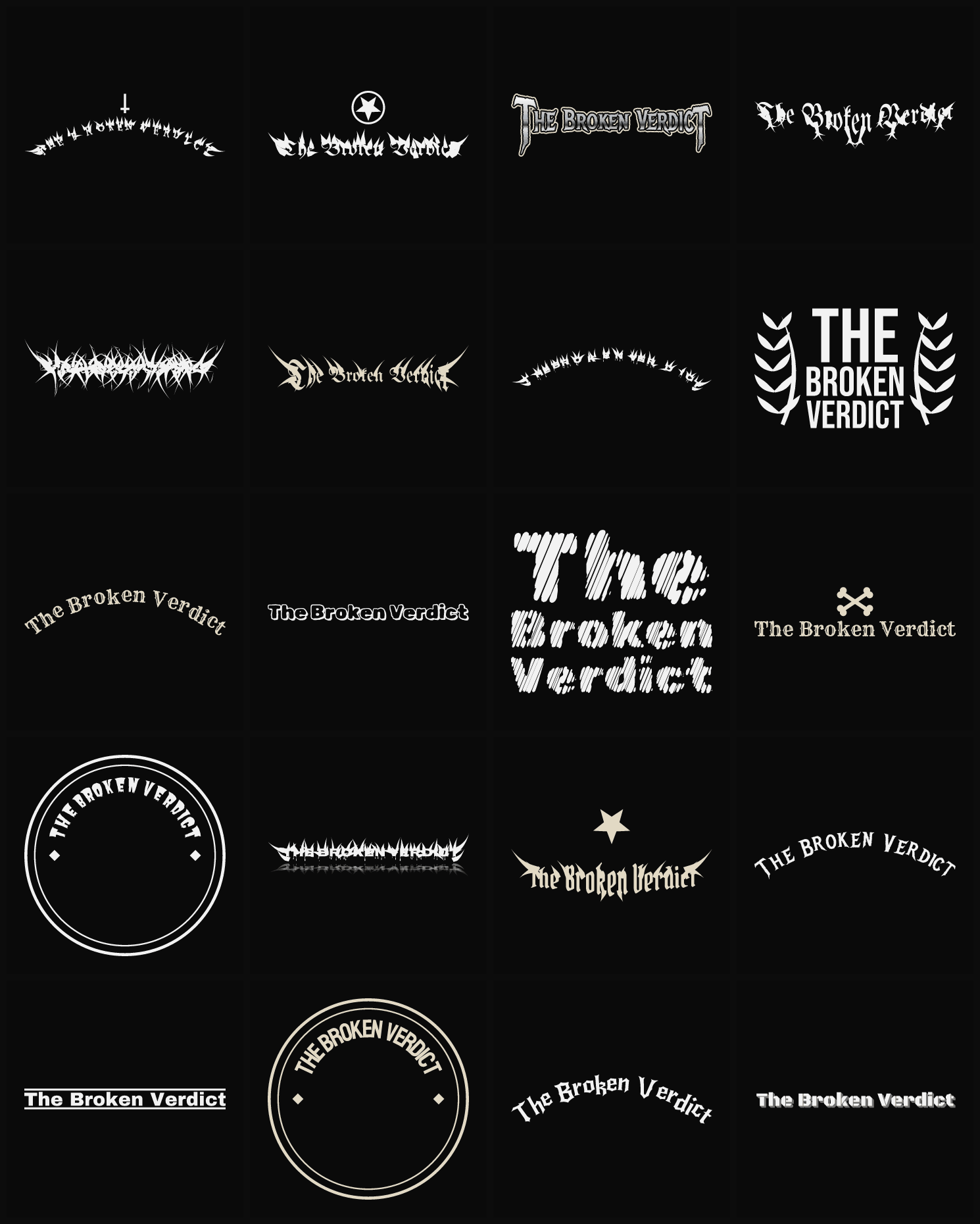 Twenty The Broken Verdict band logo ideas — different faces, treatments and spike settings