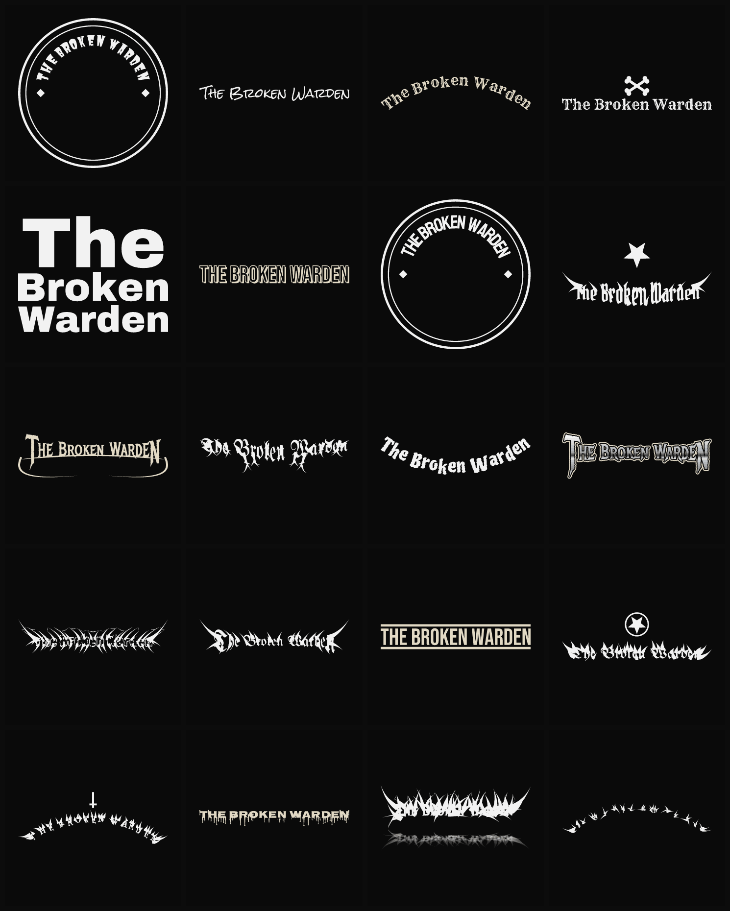 Twenty The Broken Warden band logo ideas — different faces, treatments and spike settings