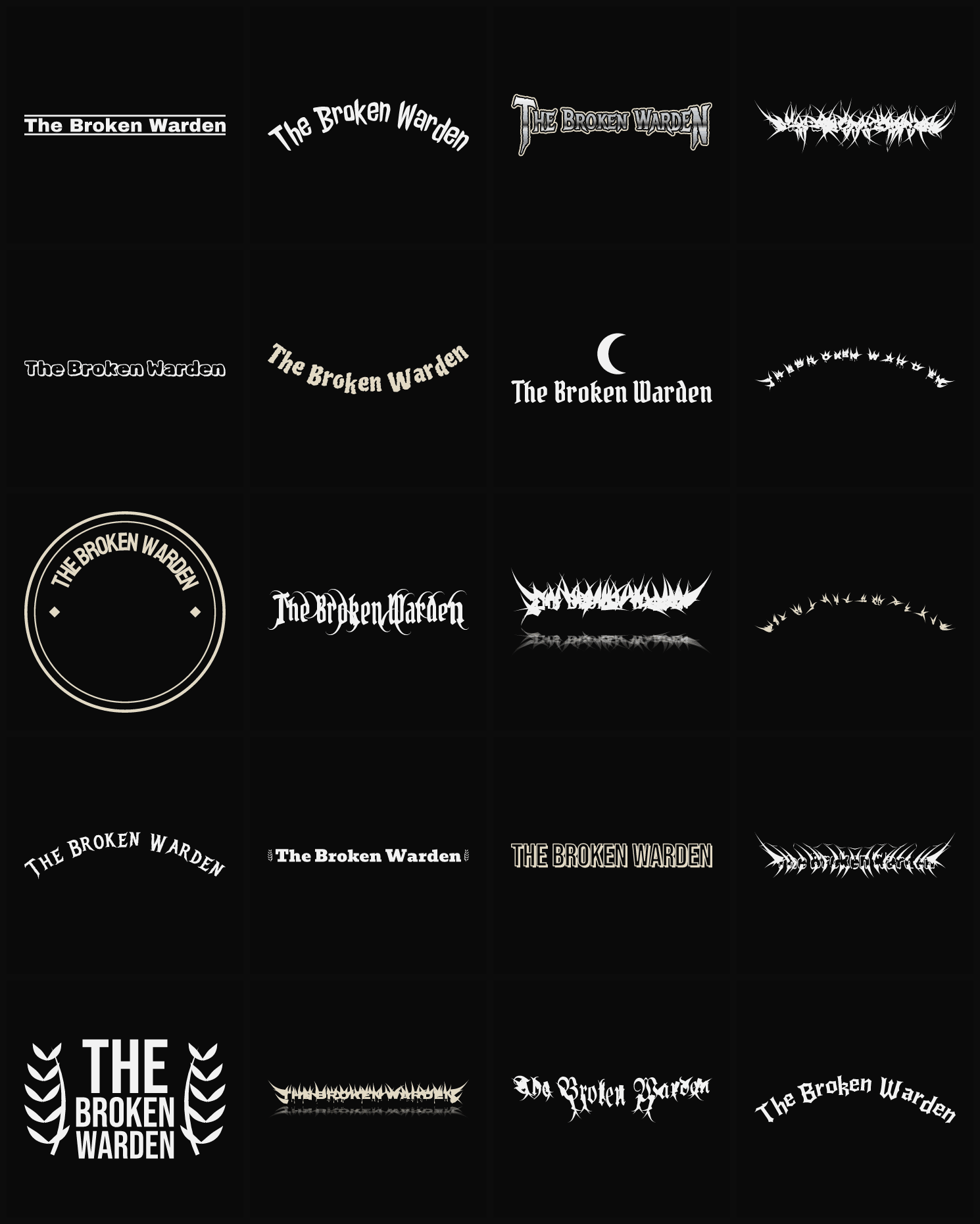 Twenty The Broken Warden band logo ideas — different faces, treatments and spike settings
