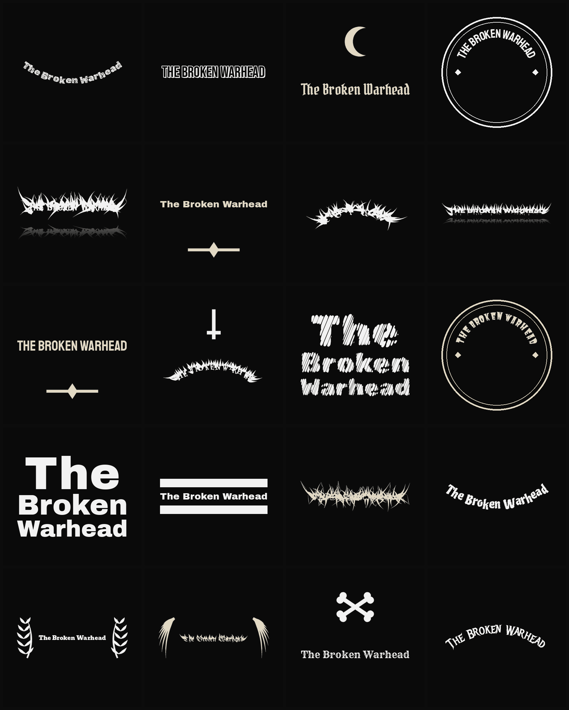 Twenty The Broken Warhead band logo ideas — different faces, treatments and spike settings