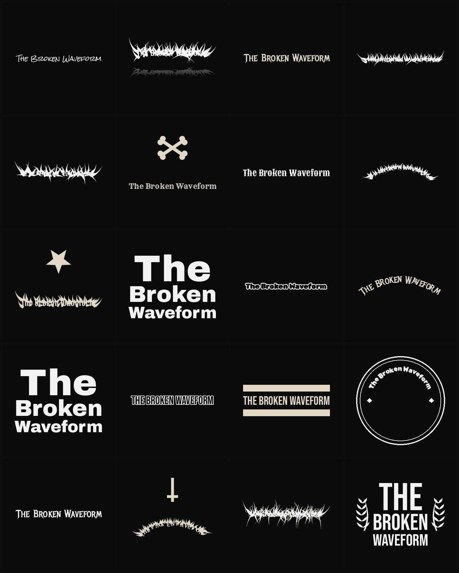Twenty The Broken Waveform band logo ideas — different faces, treatments and spike settings