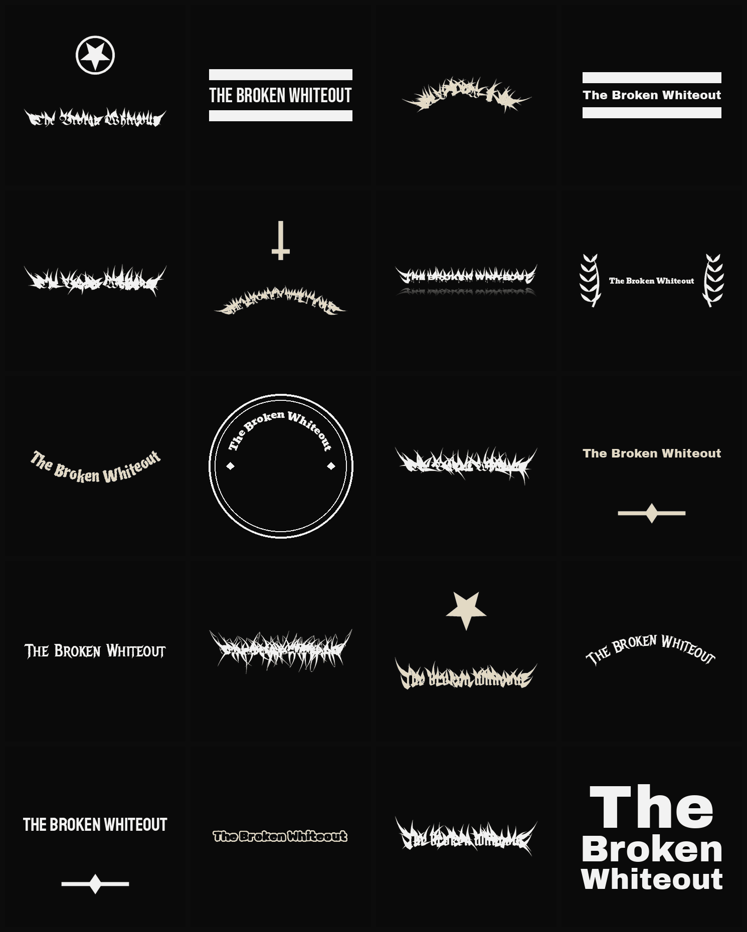 Twenty The Broken Whiteout band logo ideas — different faces, treatments and spike settings