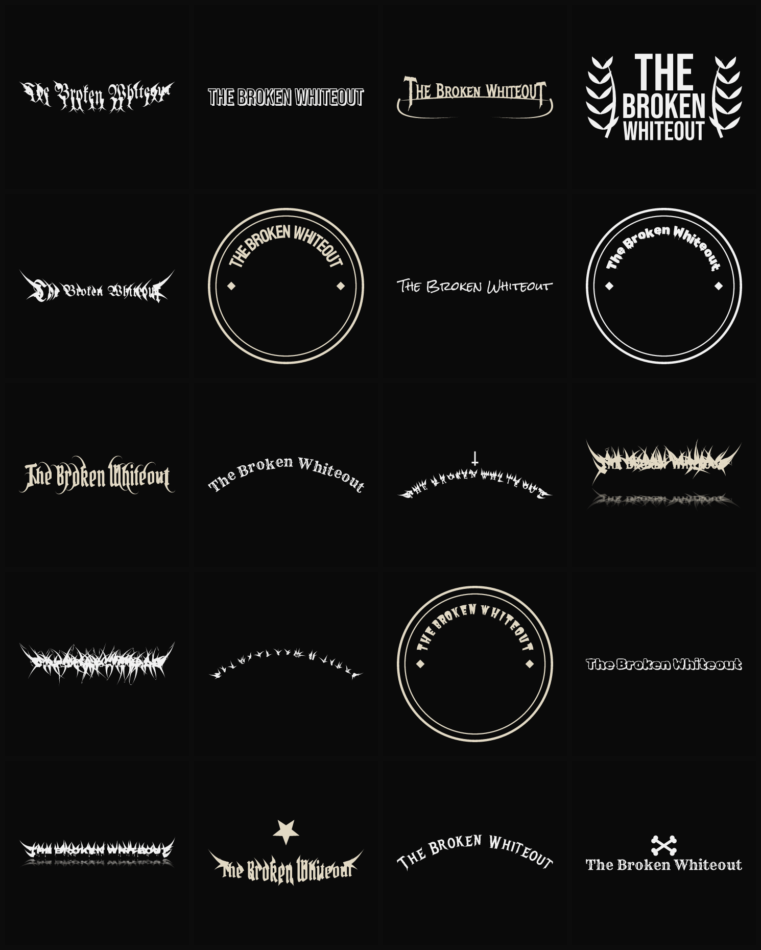 Twenty The Broken Whiteout band logo ideas — different faces, treatments and spike settings