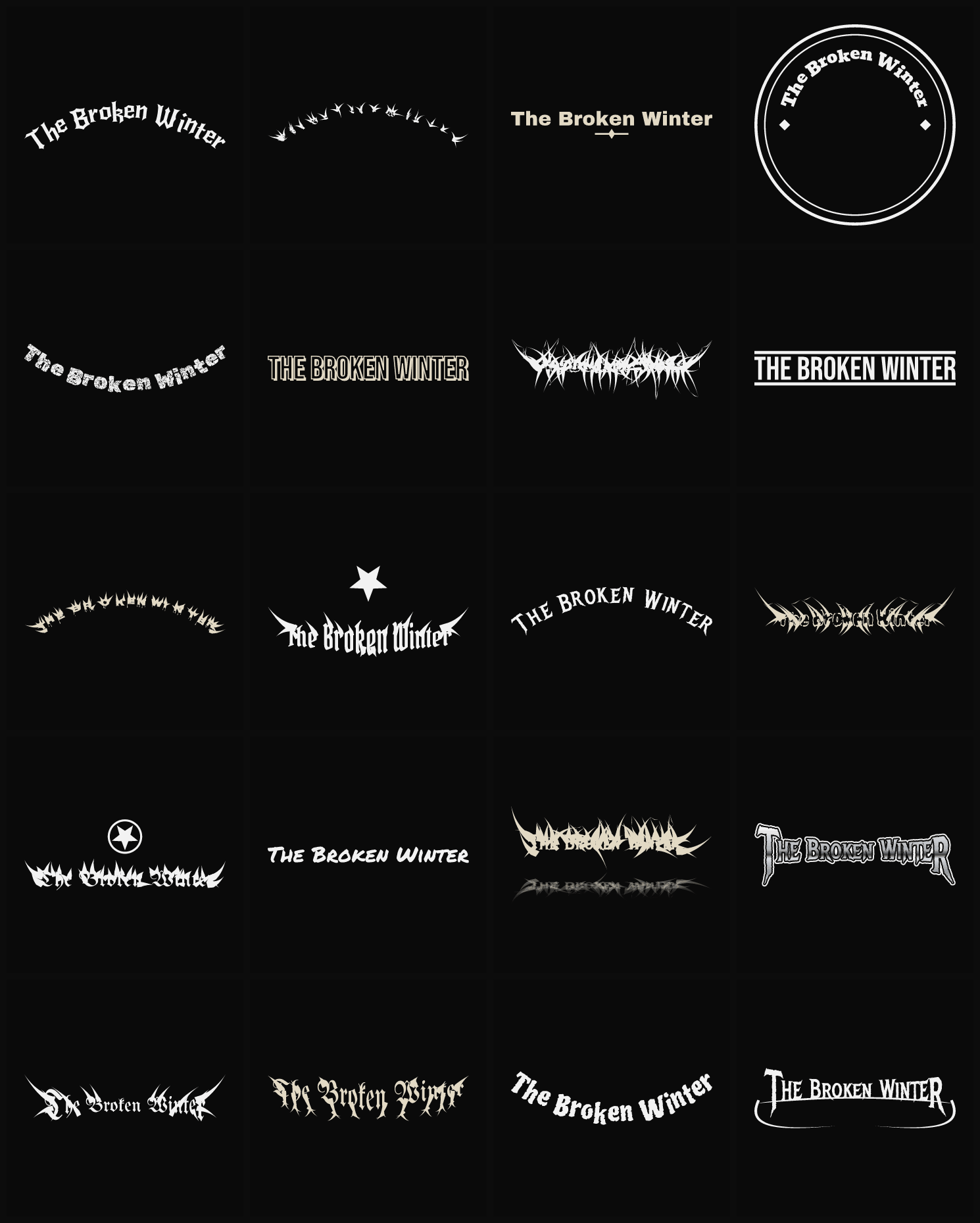 Twenty The Broken Winter band logo ideas — different faces, treatments and spike settings