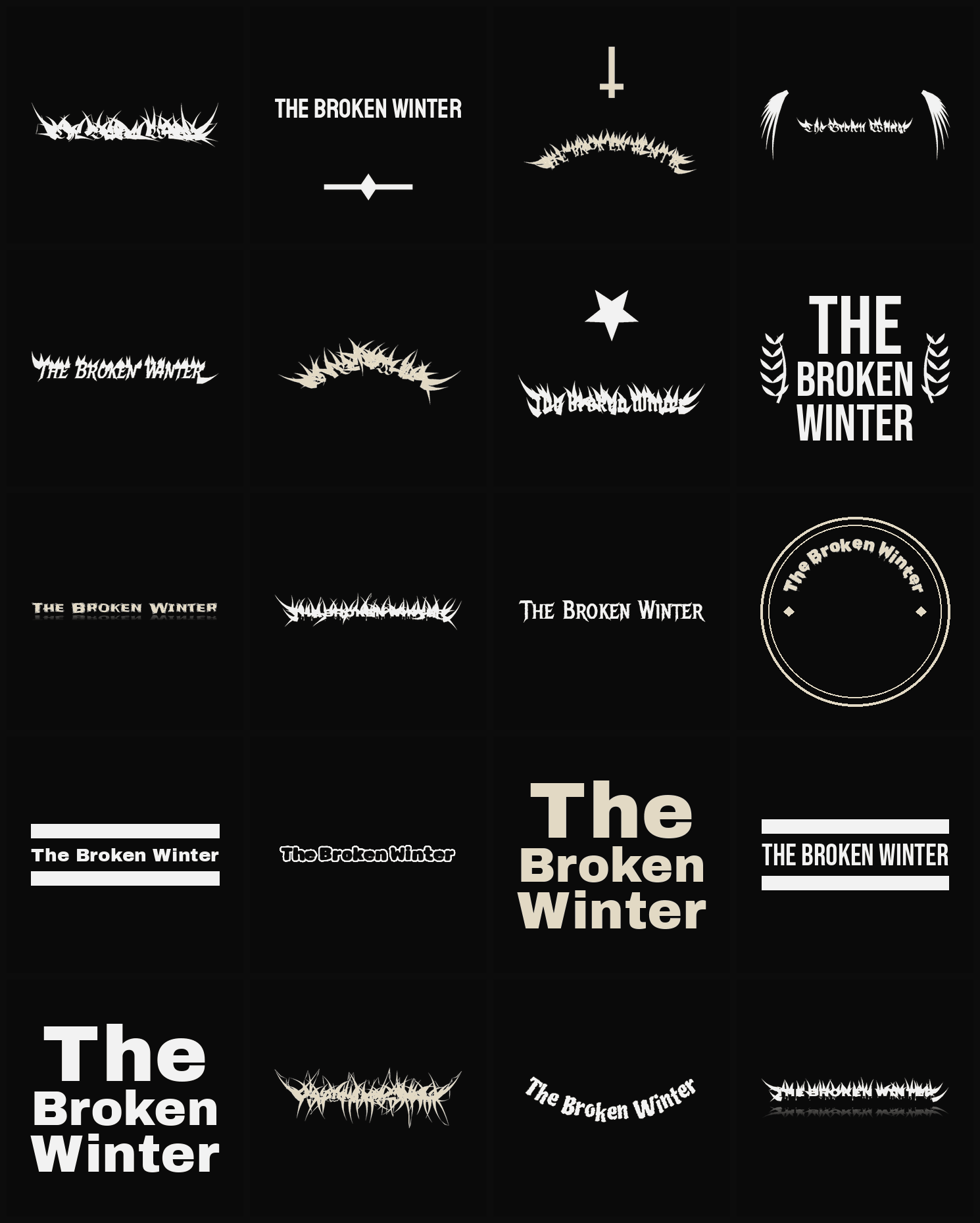 Twenty The Broken Winter band logo ideas — different faces, treatments and spike settings