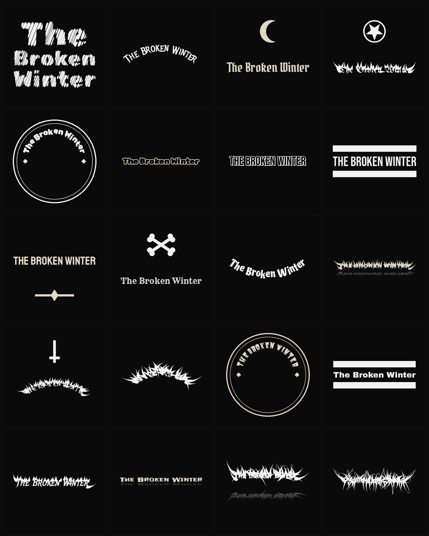 Twenty The Broken Winter band logo ideas — different faces, treatments and spike settings