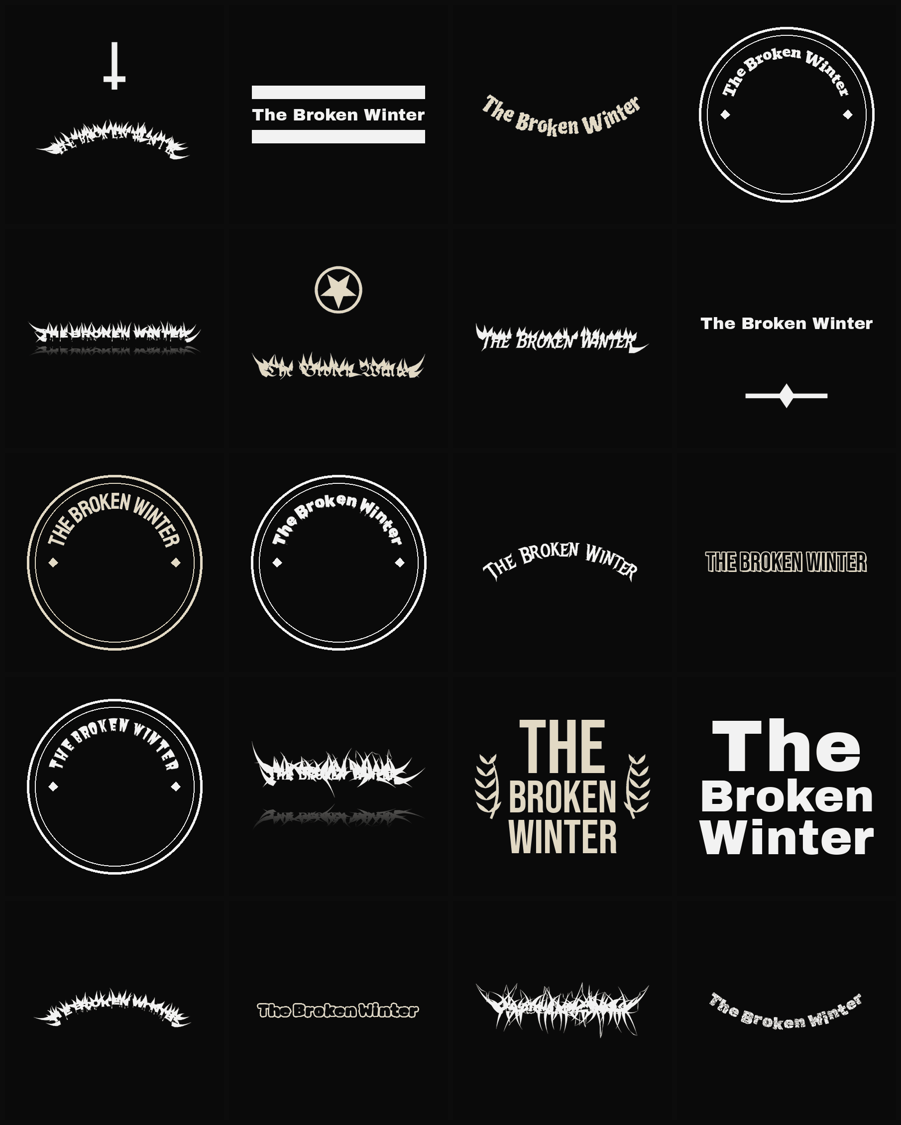 Twenty The Broken Winter band logo ideas — different faces, treatments and spike settings