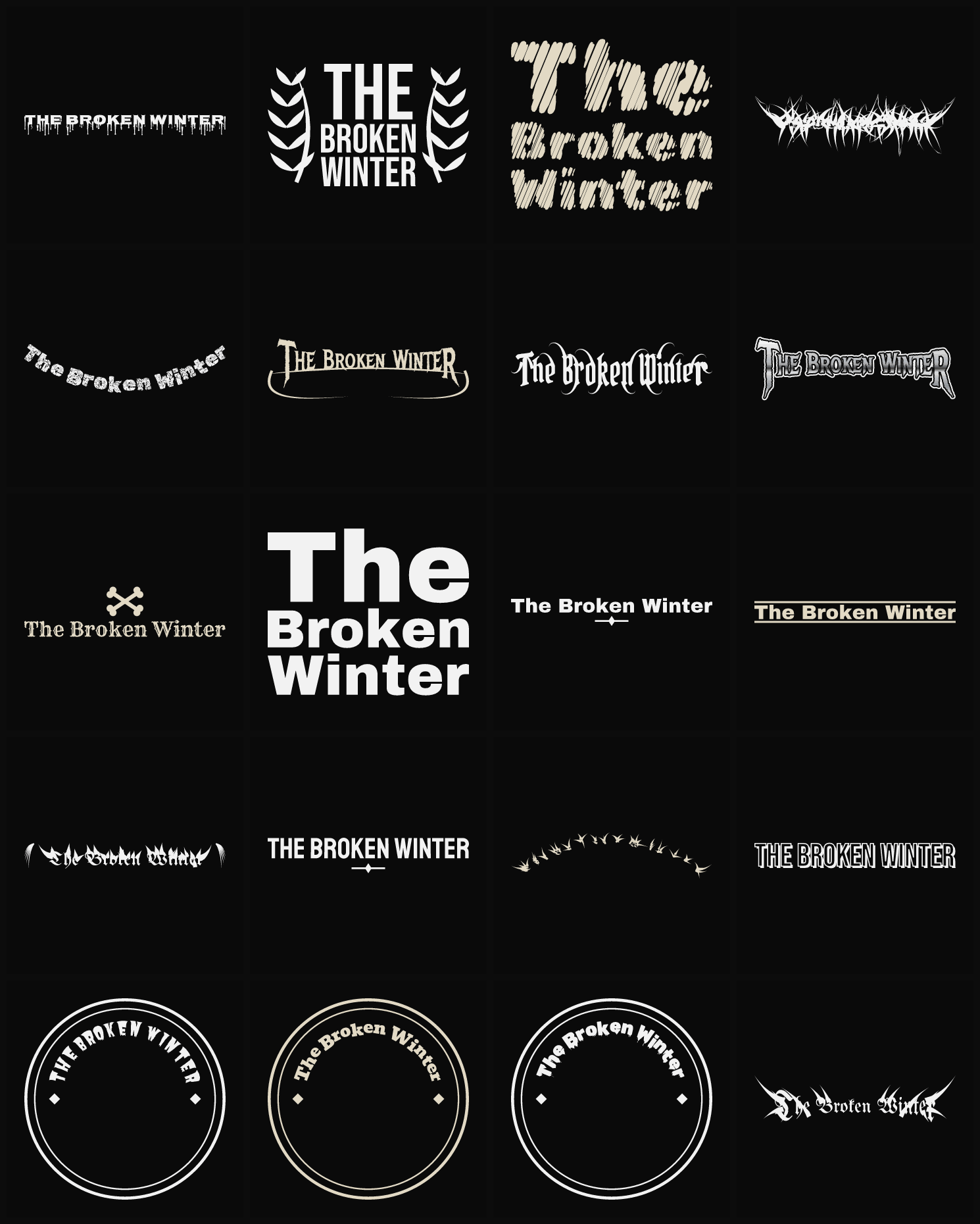 Twenty The Broken Winter band logo ideas — different faces, treatments and spike settings