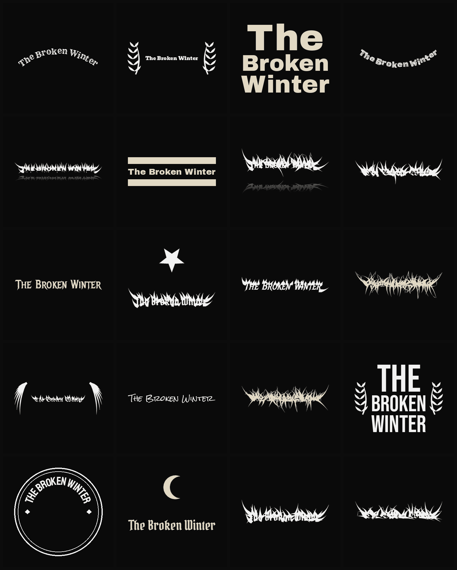 Twenty The Broken Winter band logo ideas — different faces, treatments and spike settings