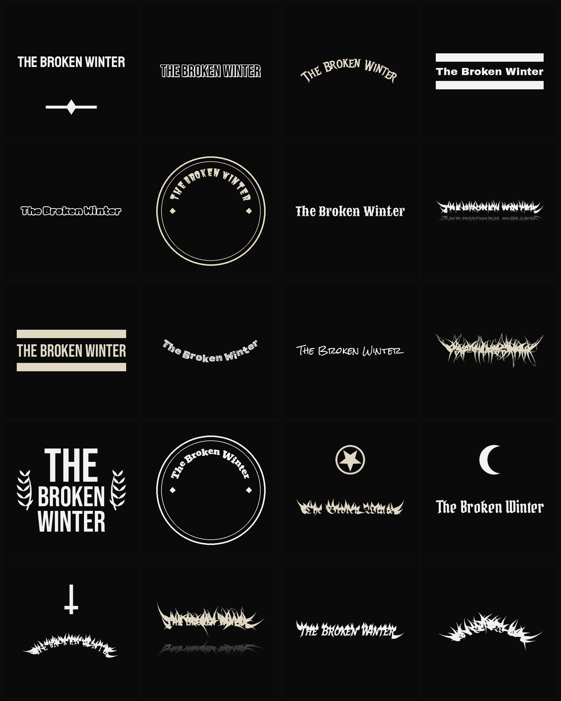 Twenty The Broken Winter band logo ideas — different faces, treatments and spike settings