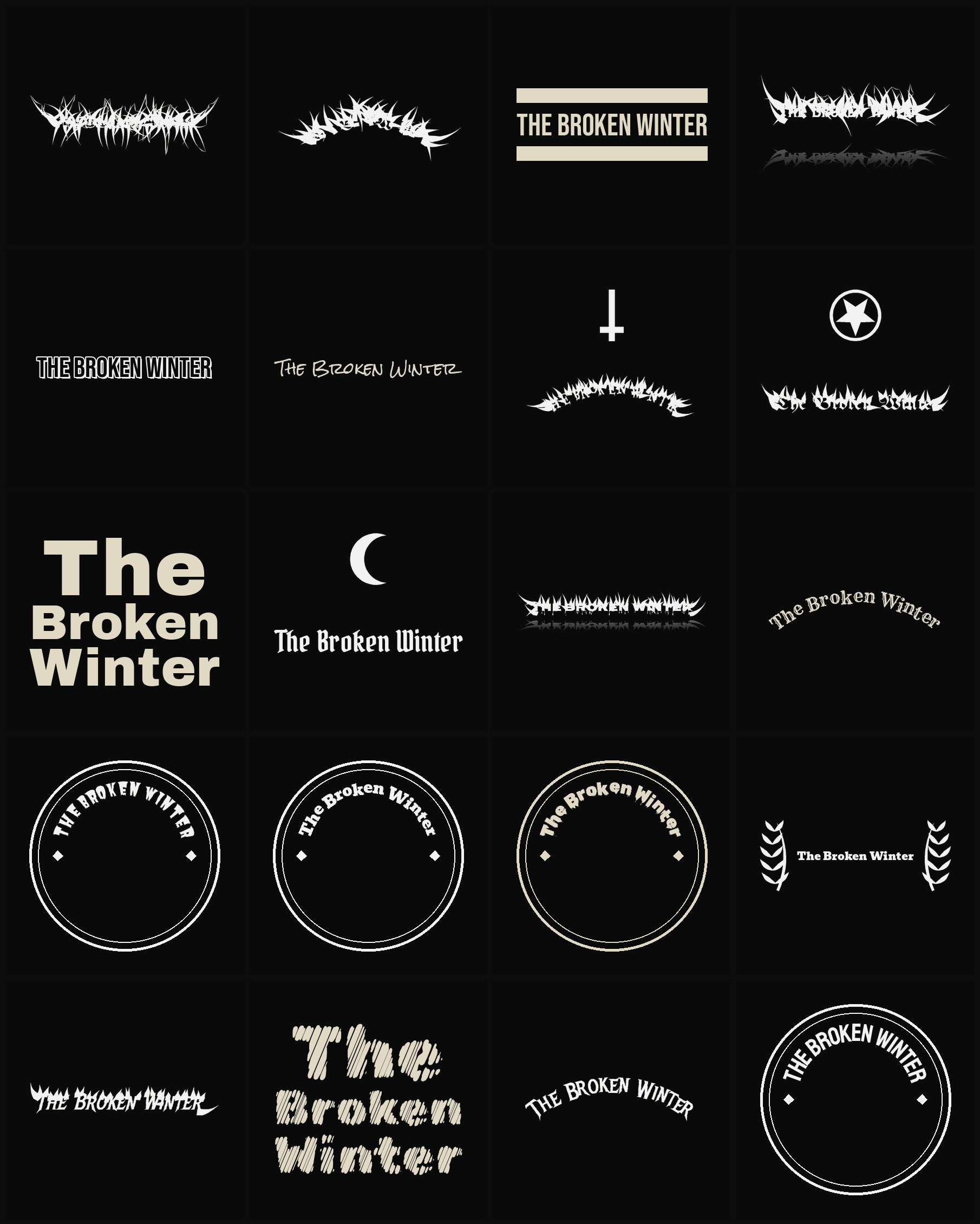 Twenty The Broken Winter band logo ideas — different faces, treatments and spike settings