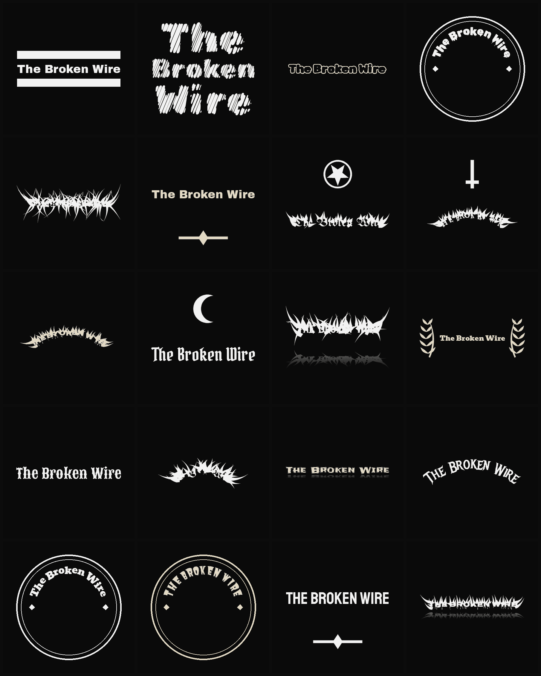 Twenty The Broken Wire band logo ideas — different faces, treatments and spike settings
