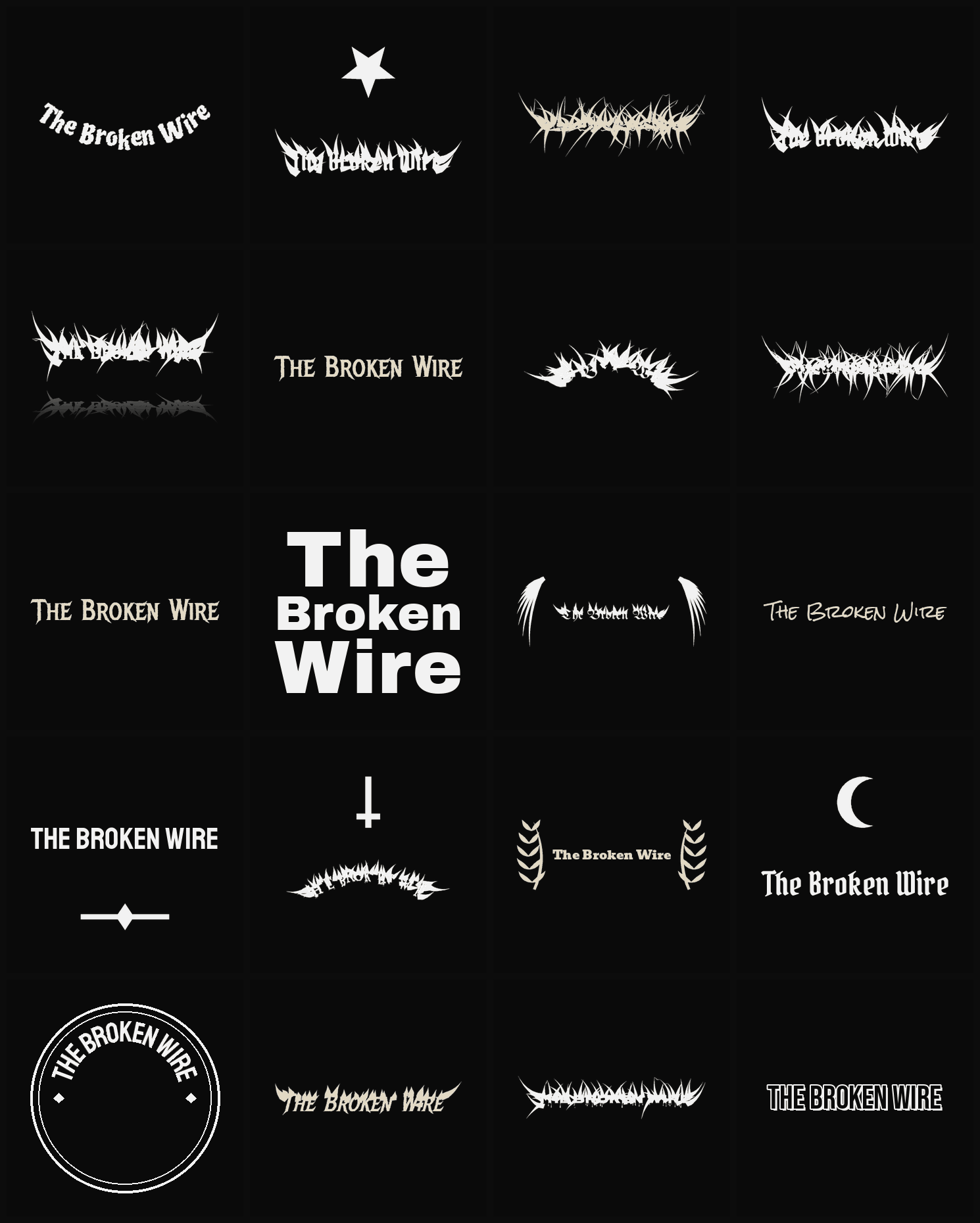 Twenty The Broken Wire band logo ideas — different faces, treatments and spike settings