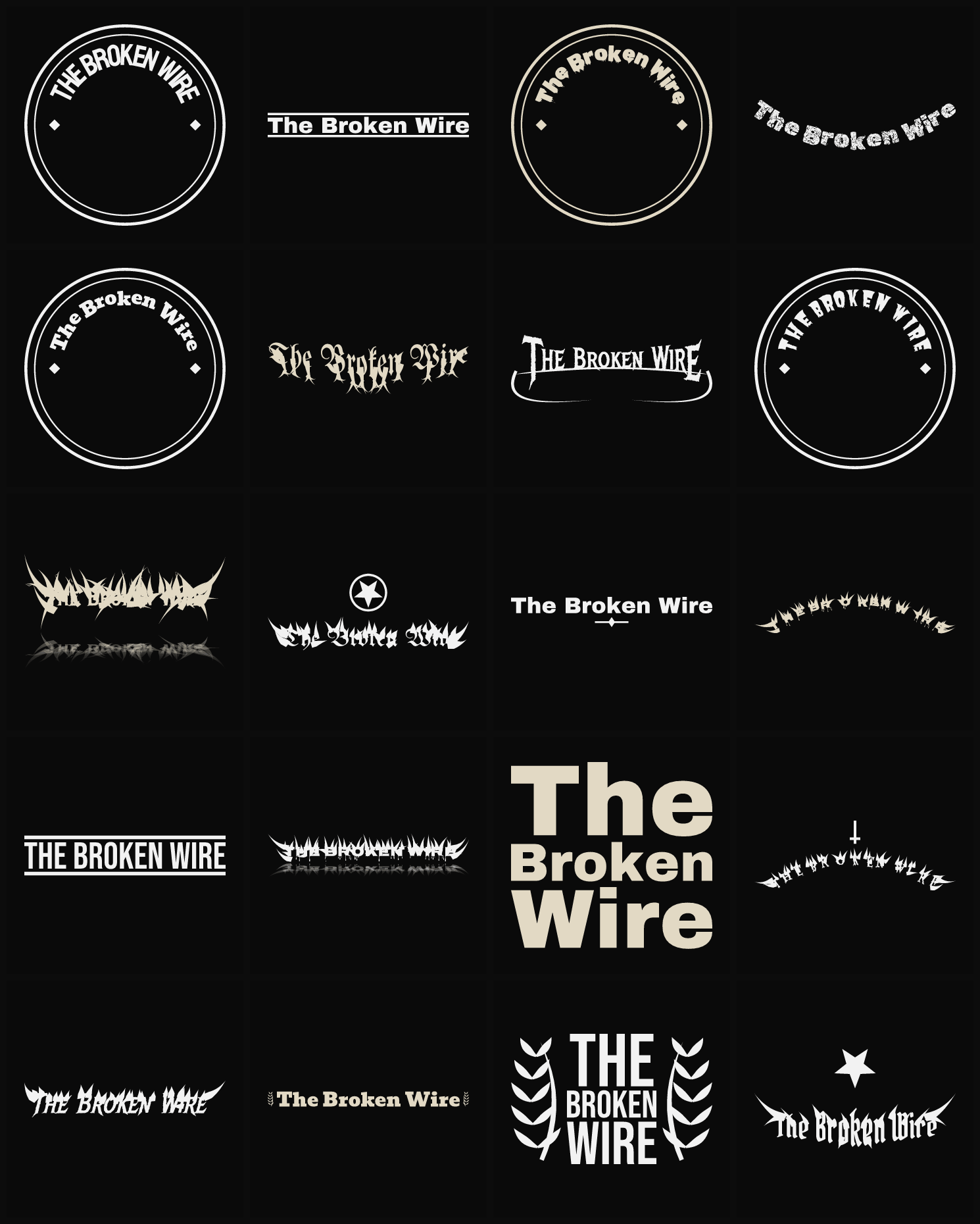 Twenty The Broken Wire band logo ideas — different faces, treatments and spike settings