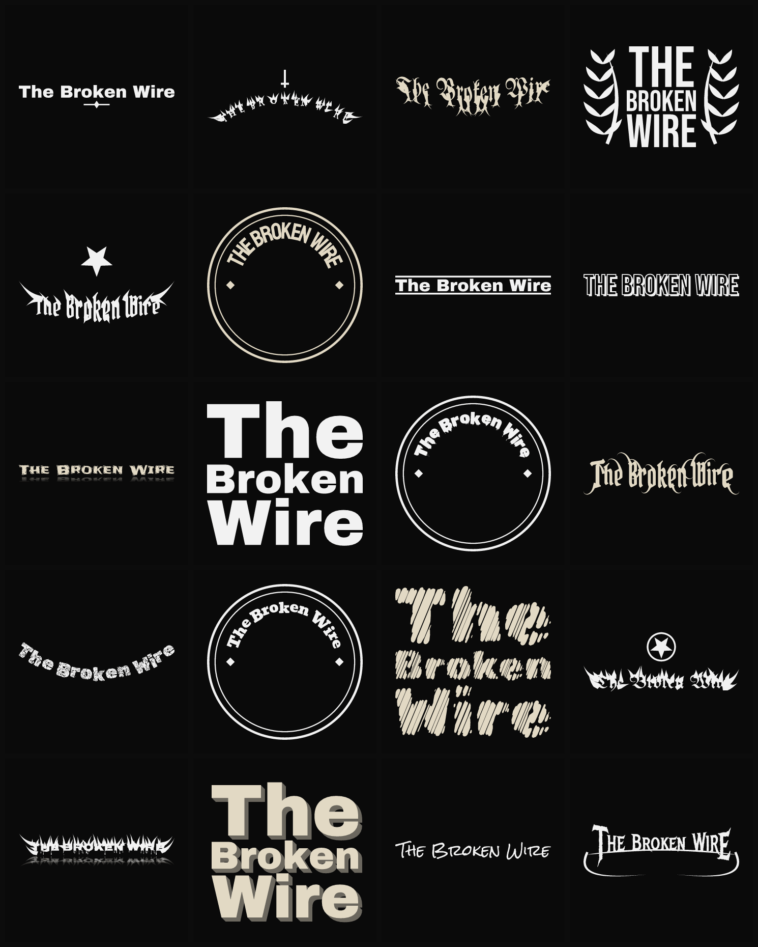 Twenty The Broken Wire band logo ideas — different faces, treatments and spike settings