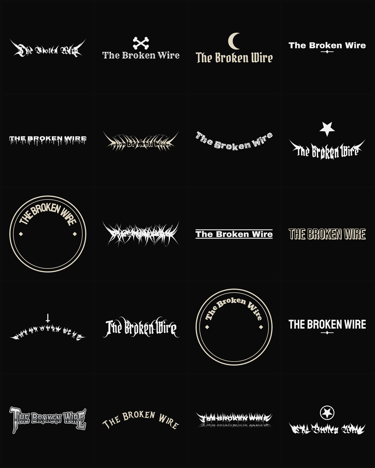 Twenty The Broken Wire band logo ideas — different faces, treatments and spike settings