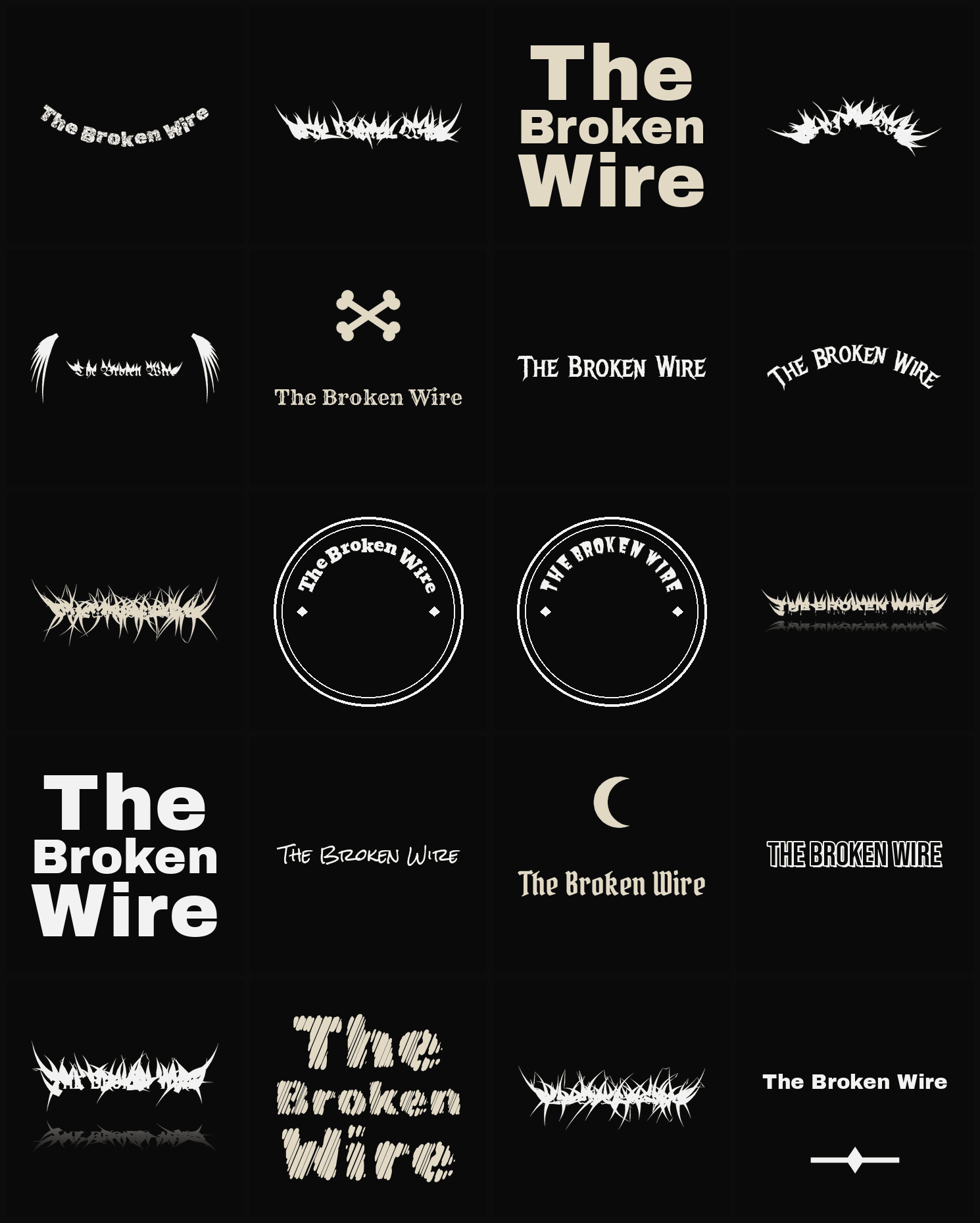 Twenty The Broken Wire band logo ideas — different faces, treatments and spike settings
