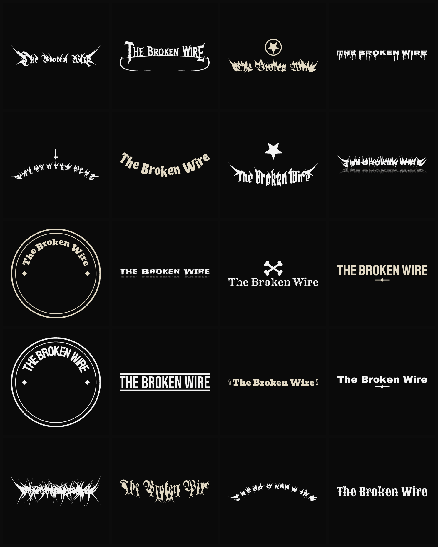 Twenty The Broken Wire band logo ideas — different faces, treatments and spike settings