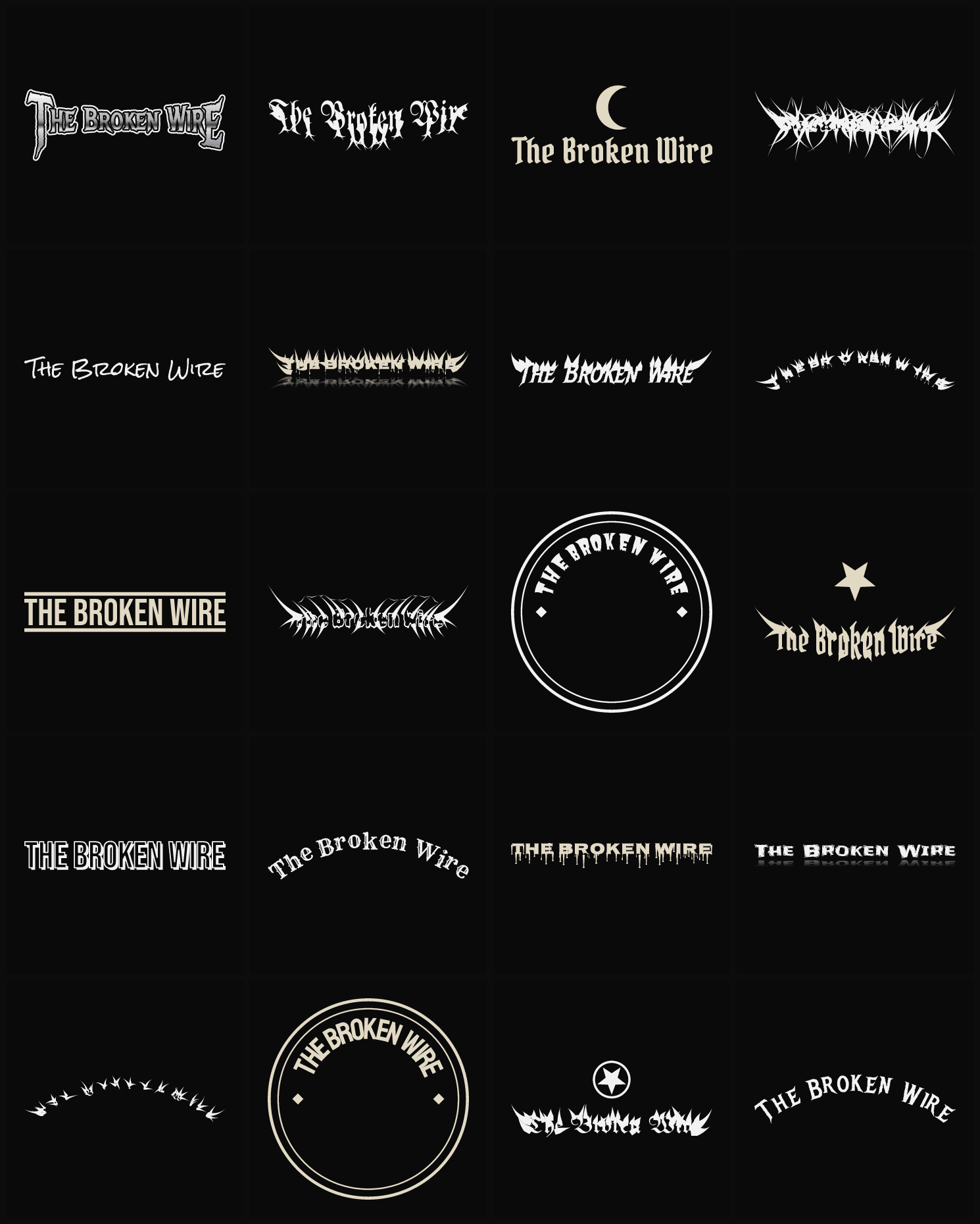 Twenty The Broken Wire band logo ideas — different faces, treatments and spike settings